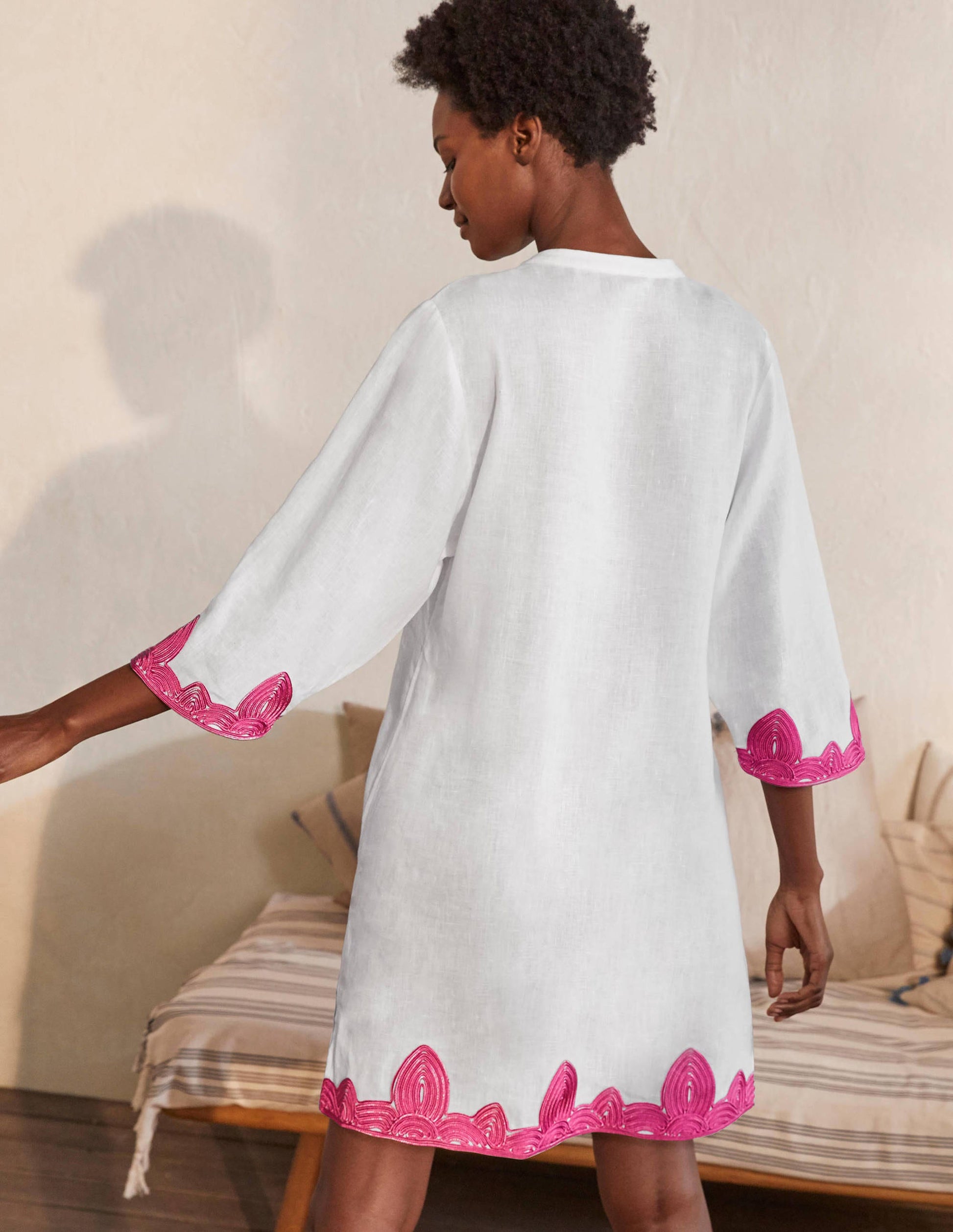 Bella Embroidered Linen Dress-White/Party Pink-2