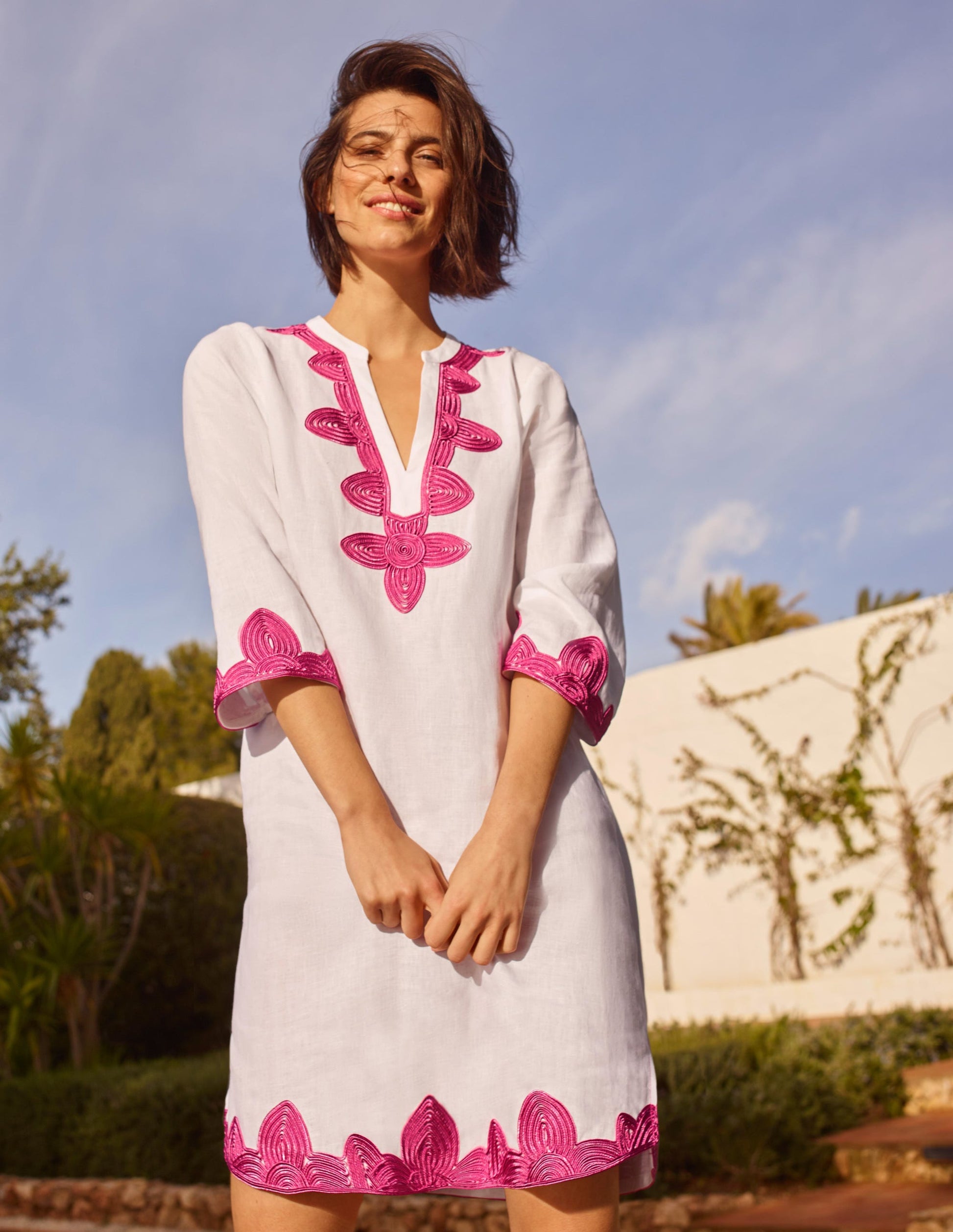 Bella Embroidered Linen Dress-White/Party Pink-4