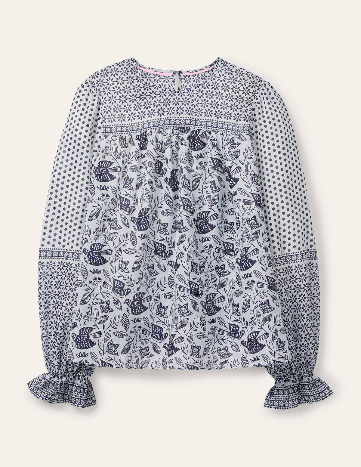 Gracie Baumwollbluse-Naturweiß, Vogelmuster-6