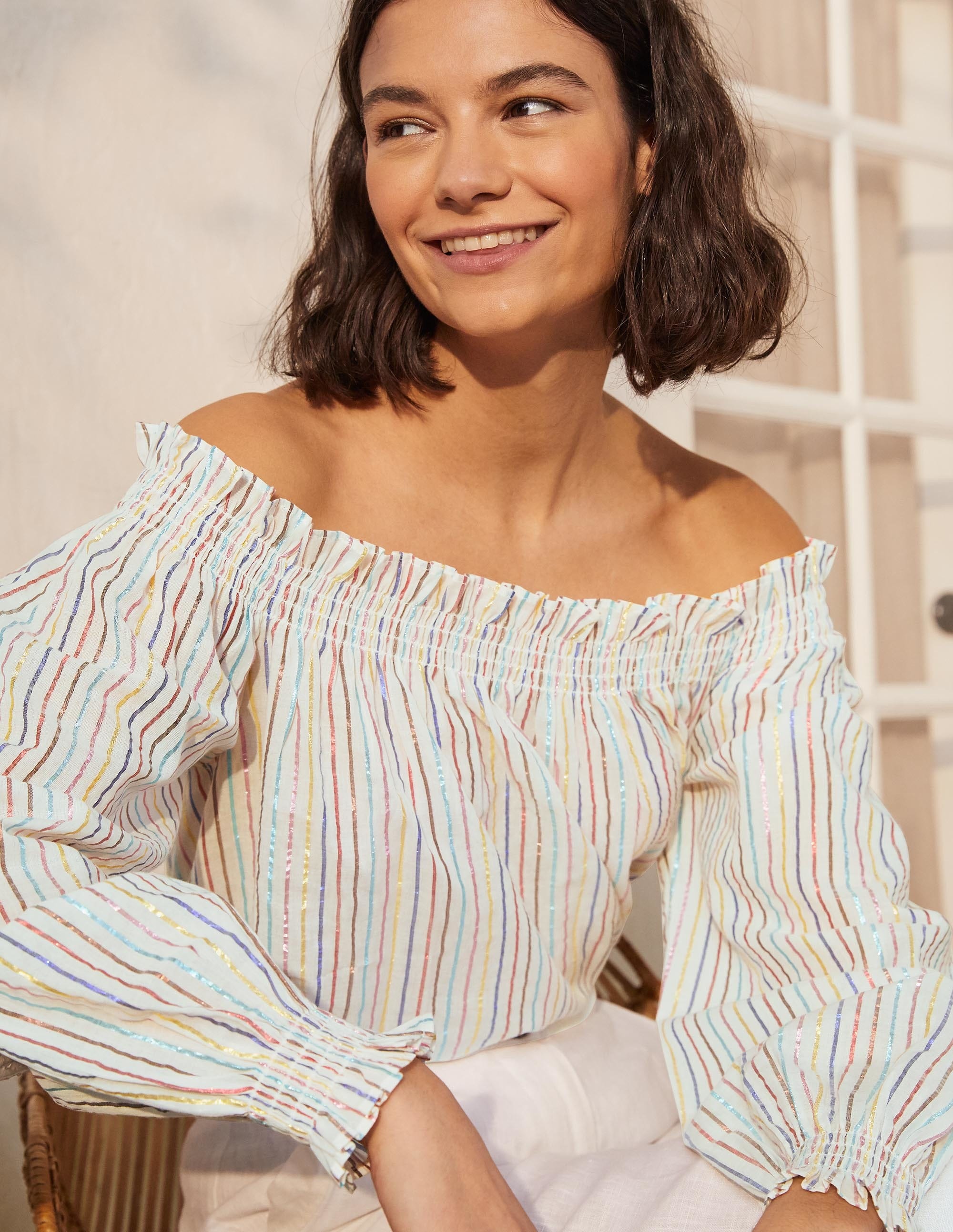 Top à smocks et épaules dénudées-Lurex rayé multi - Image 6