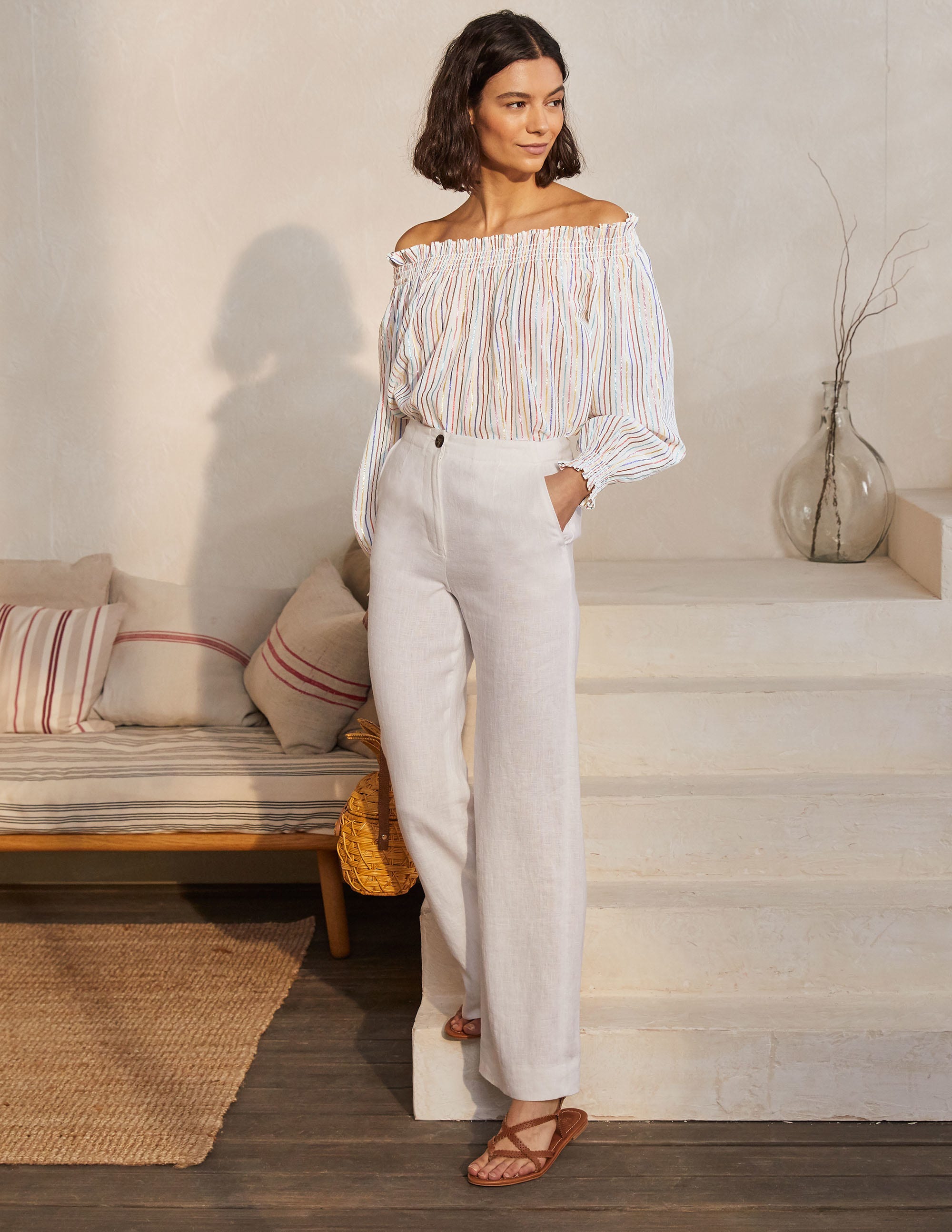 Top à smocks et épaules dénudées-Lurex rayé multi - Image 1