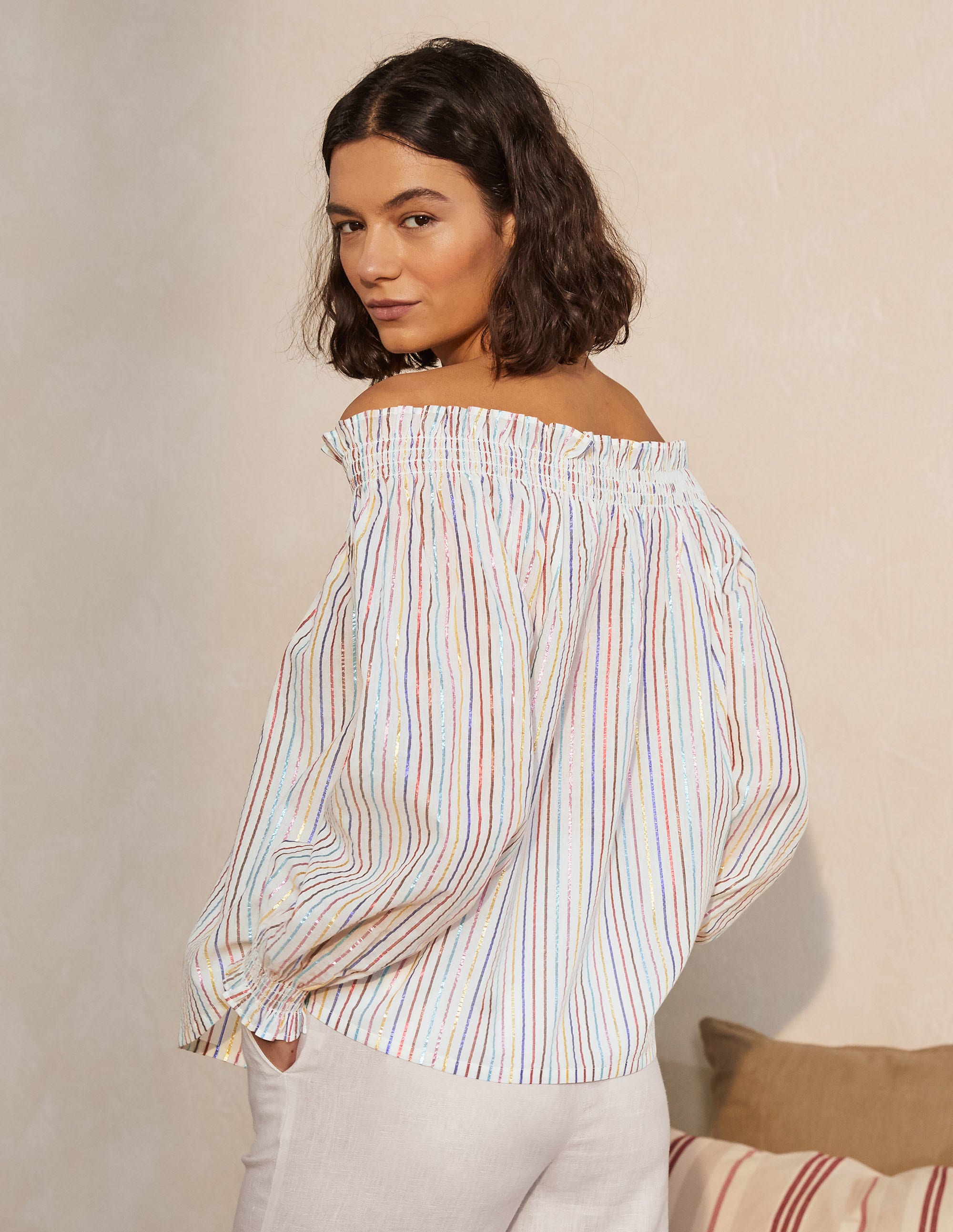 Top à smocks et épaules dénudées-Lurex rayé multi - Image 2