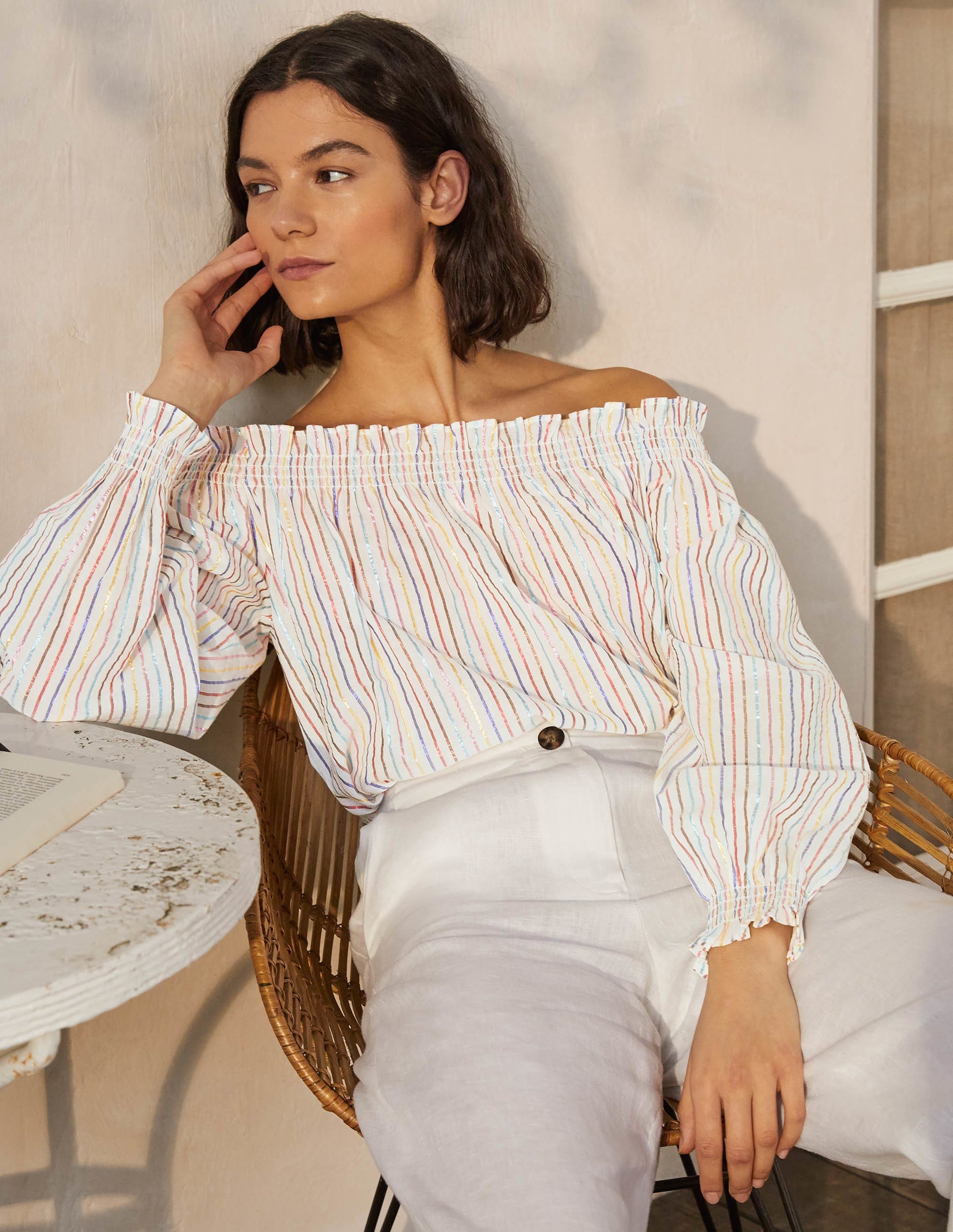 Top à smocks et épaules dénudées-Lurex rayé multi-3
