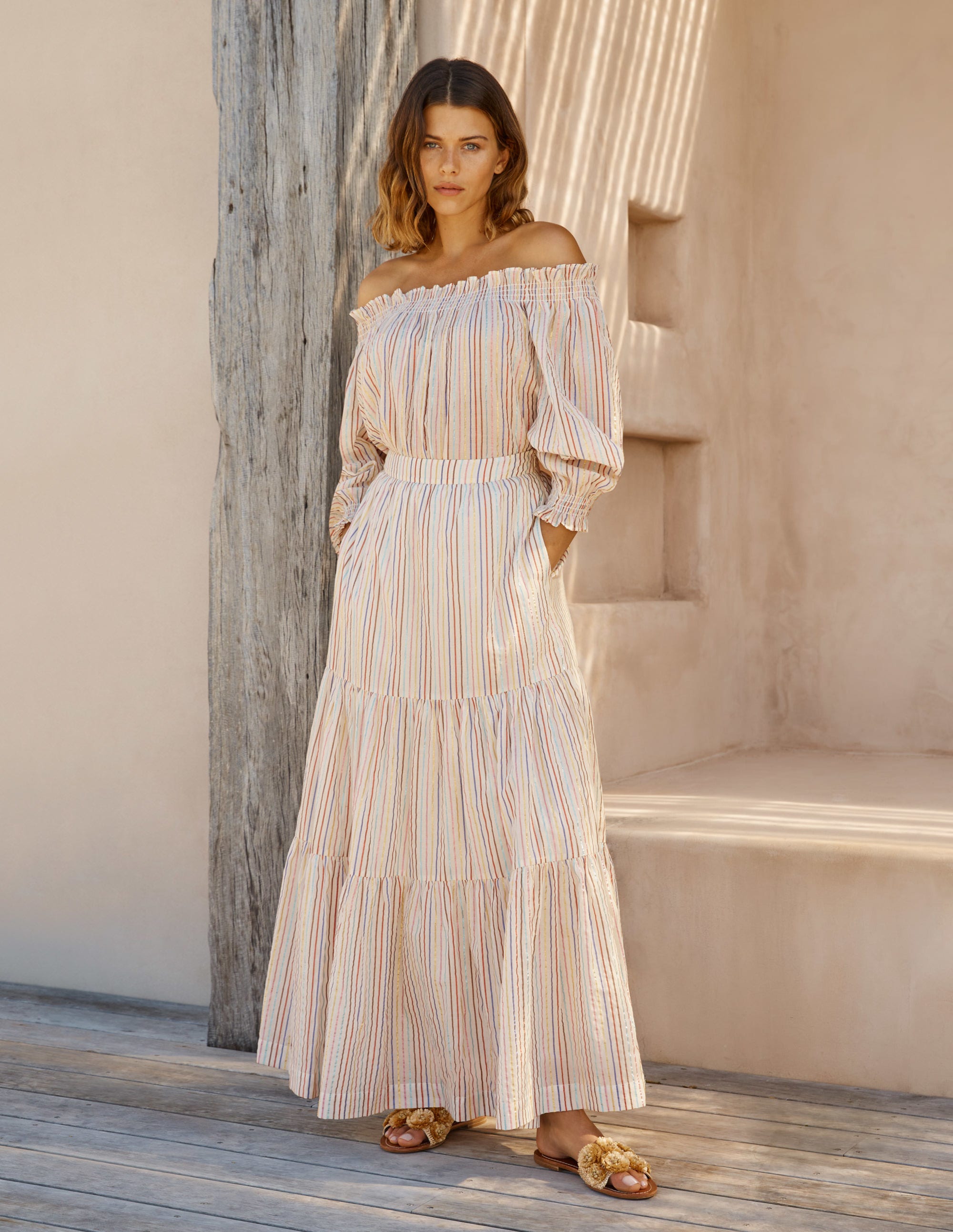 Top à smocks et épaules dénudées-Lurex rayé multi - Image 4