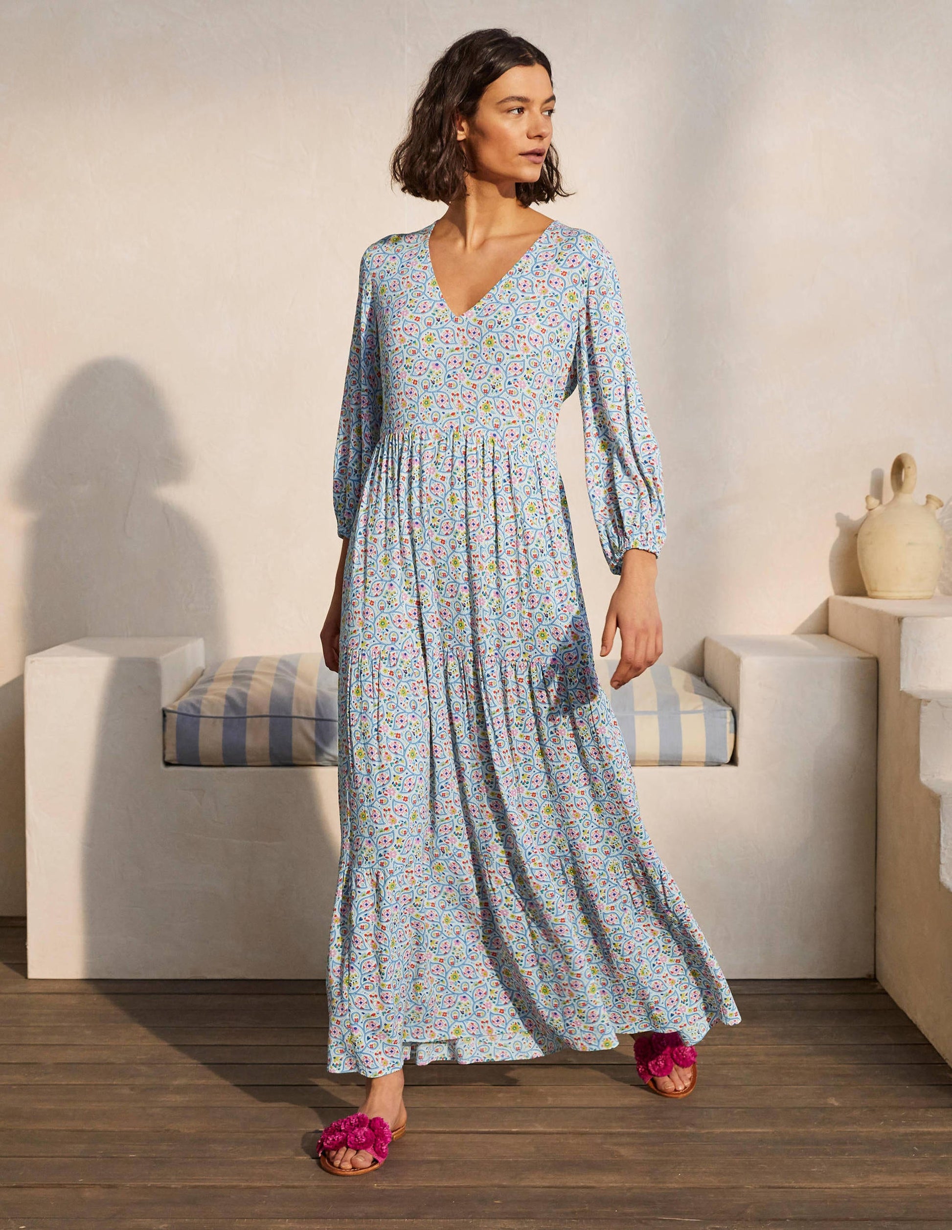 Blouson Sleeve Maxi Dress-Ivory, Leafy Floral-5