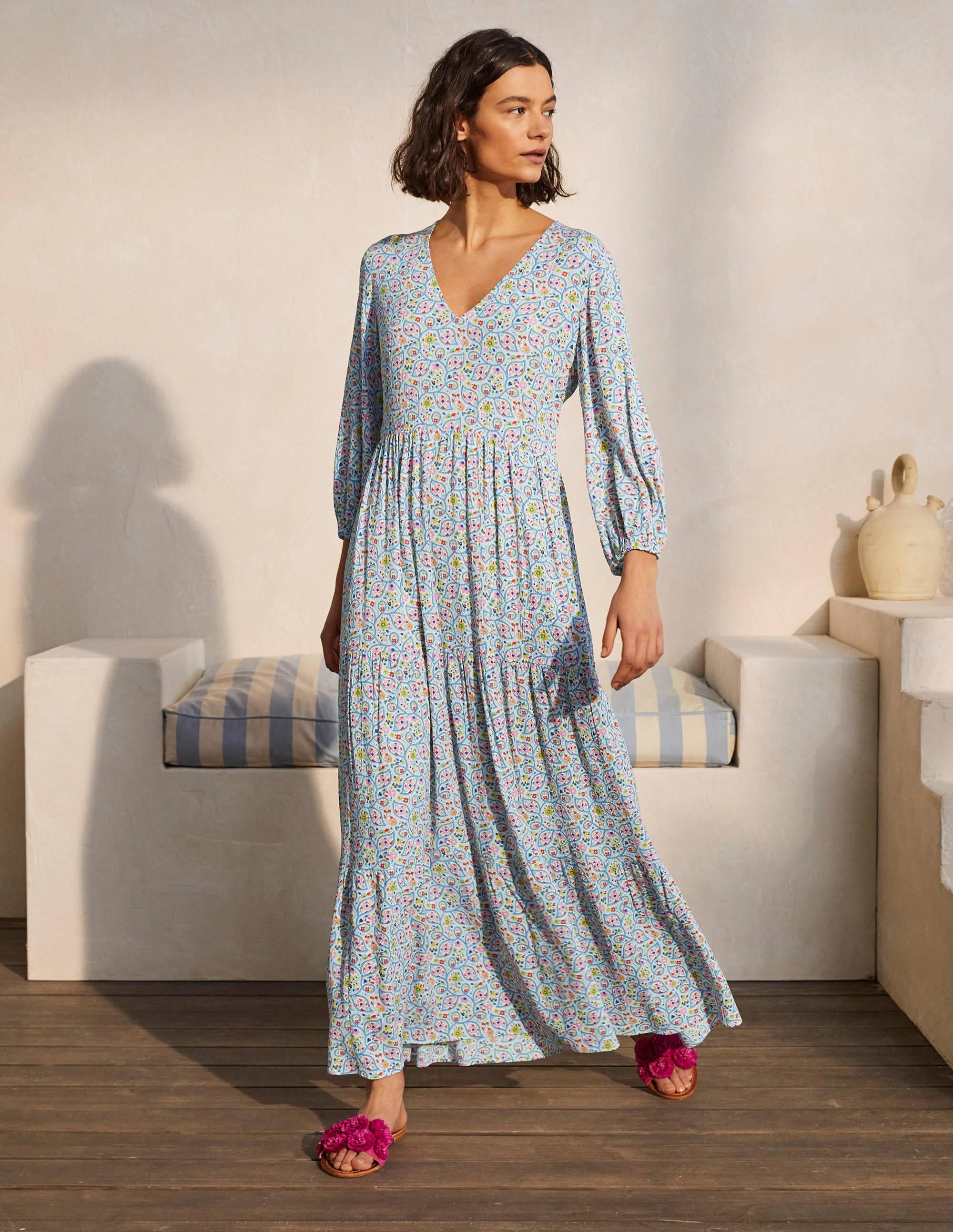 Blouson Sleeve Maxi Dress-Ivory, Leafy Floral - Image 5