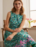 Embroidered Cotton Midi Dress-Green, Kaleidoscopic Floral