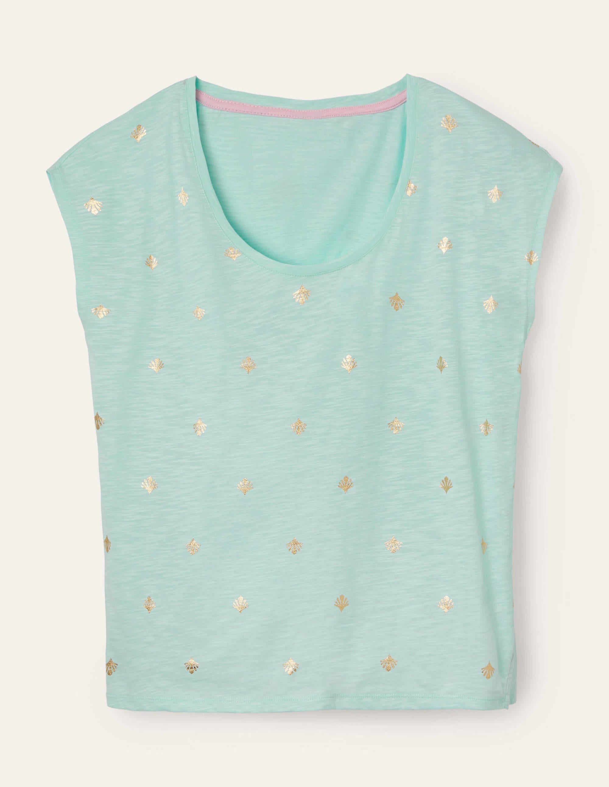 Fröhliches T-Shirt mit abgerundetem V-Ausschnitt-Mintgrün, Korallenkacheln - Image 5