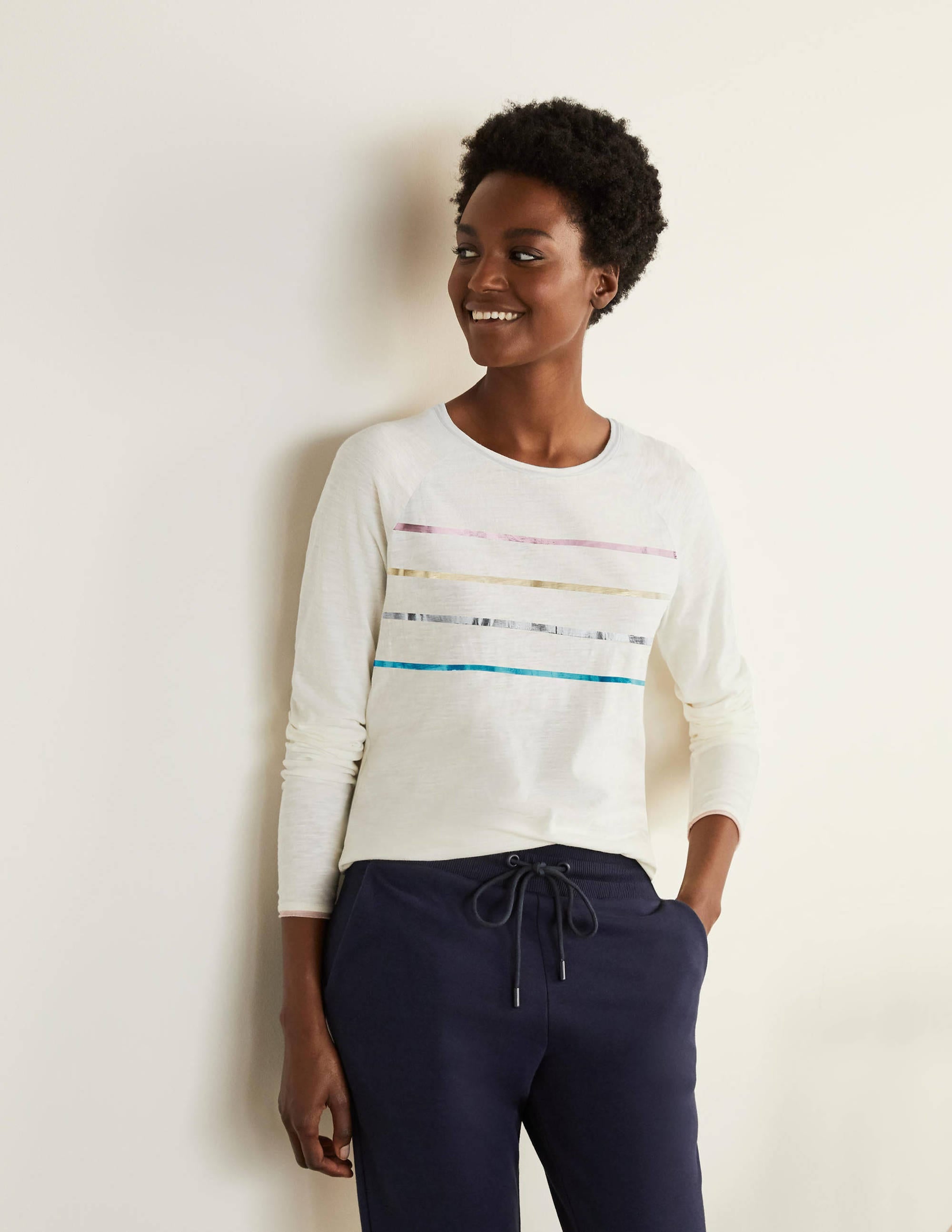 Lorna Baseball Jersey Top-Ivory, Foil Placement Stripe - Image 2