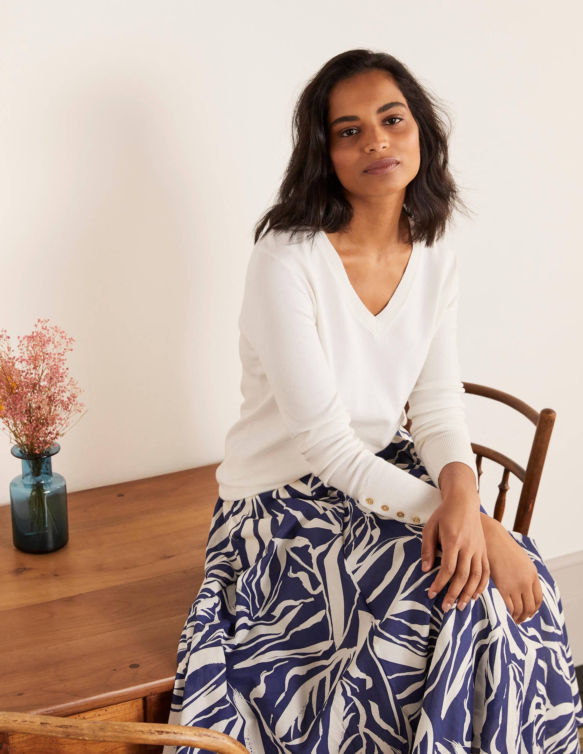 Pull col V Eldon en coton-Ivoire - Image 1
