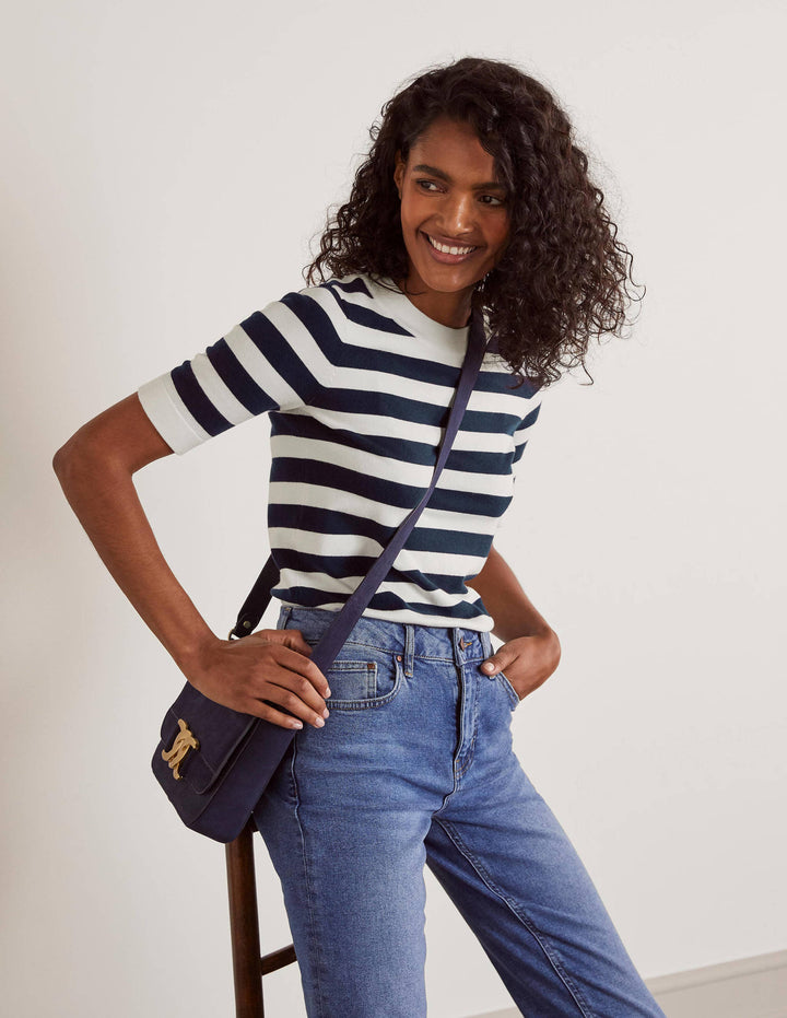 Abingdon Cotton Knitted Tee-Navy/Ivory Stripe