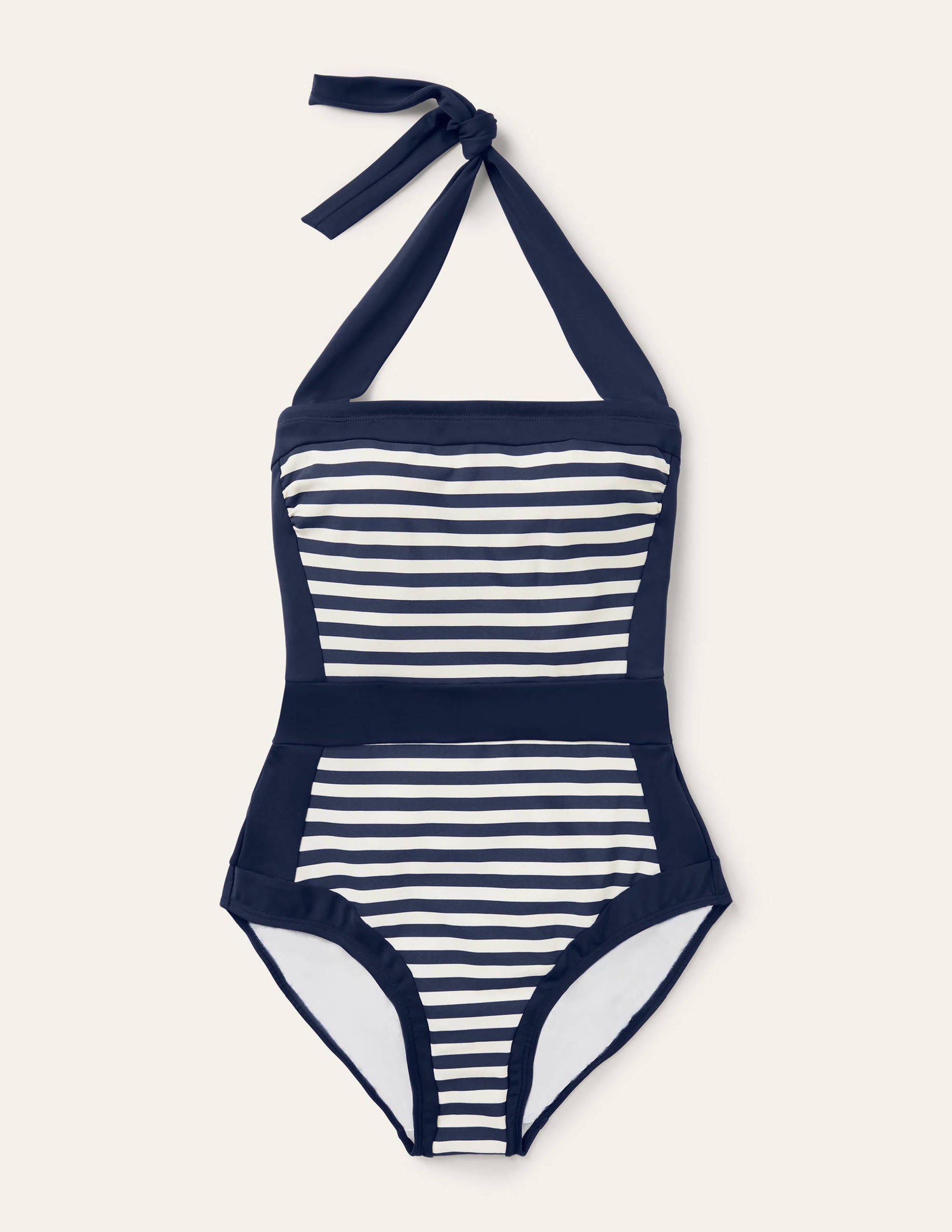 Santorini Neckholder-Badeanzug-Französisches Marineblau/Naturweiß Gestreift-9
