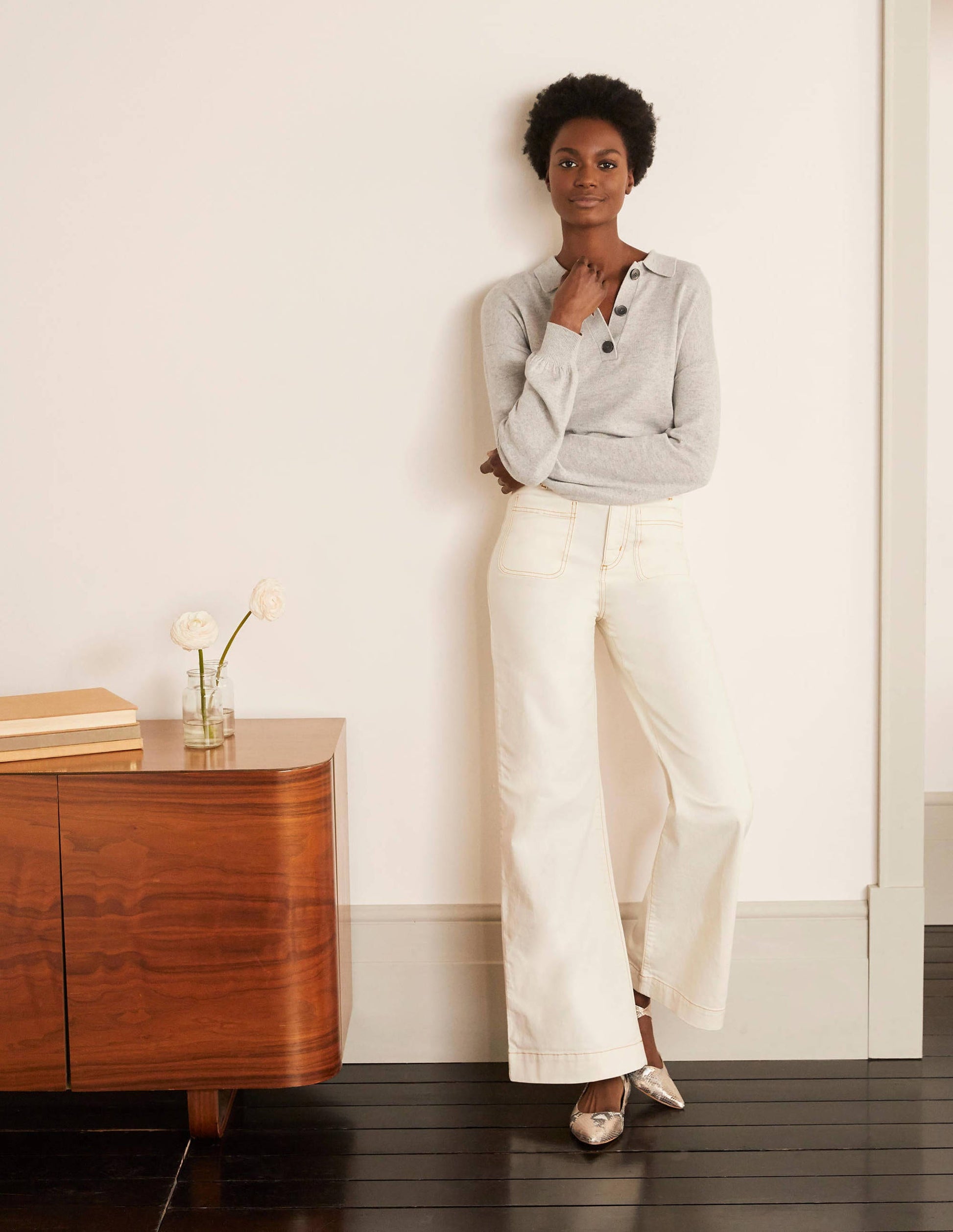 Patch Pocket Wide Leg Jeans-Ivory-5