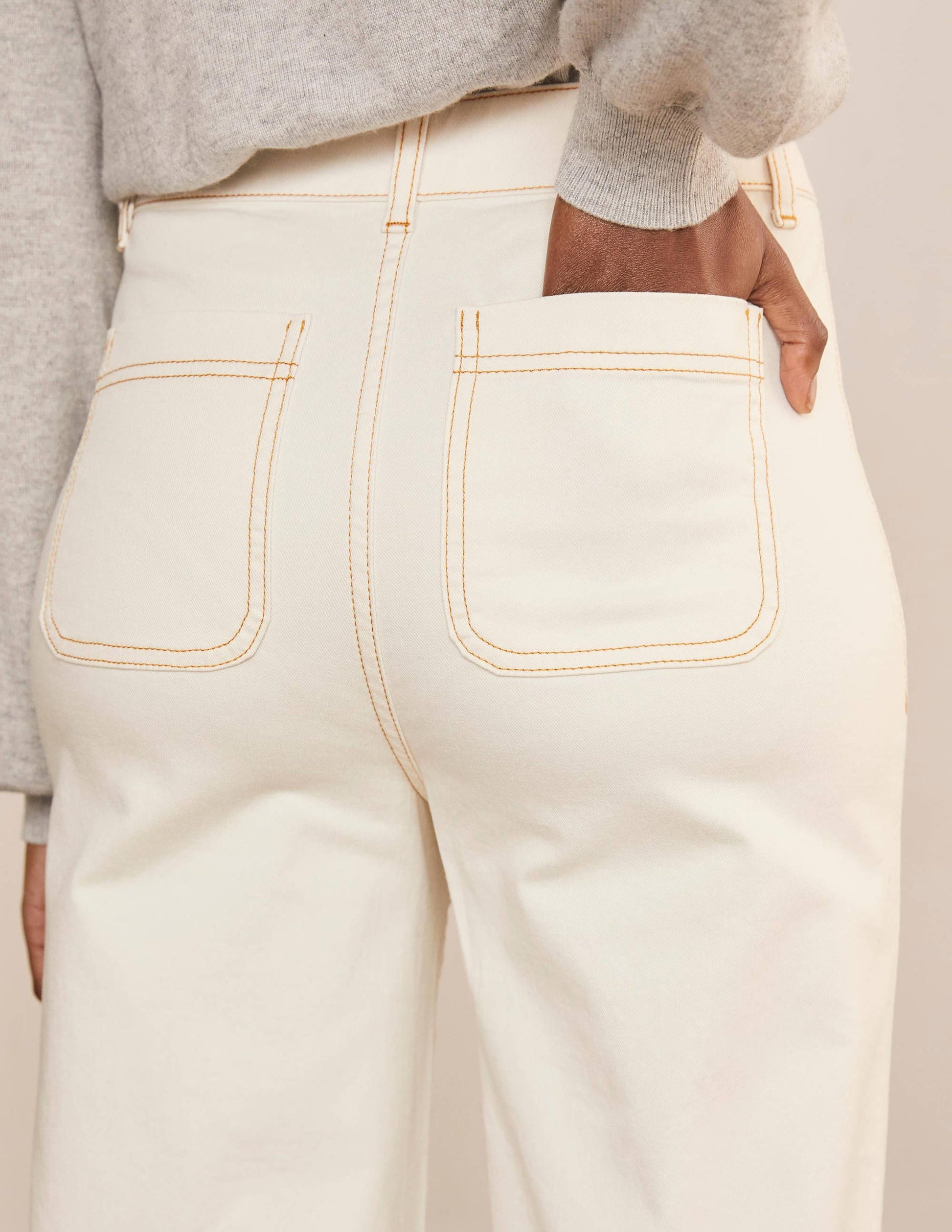 Patch Pocket Wide Leg Jeans-Ivory-4