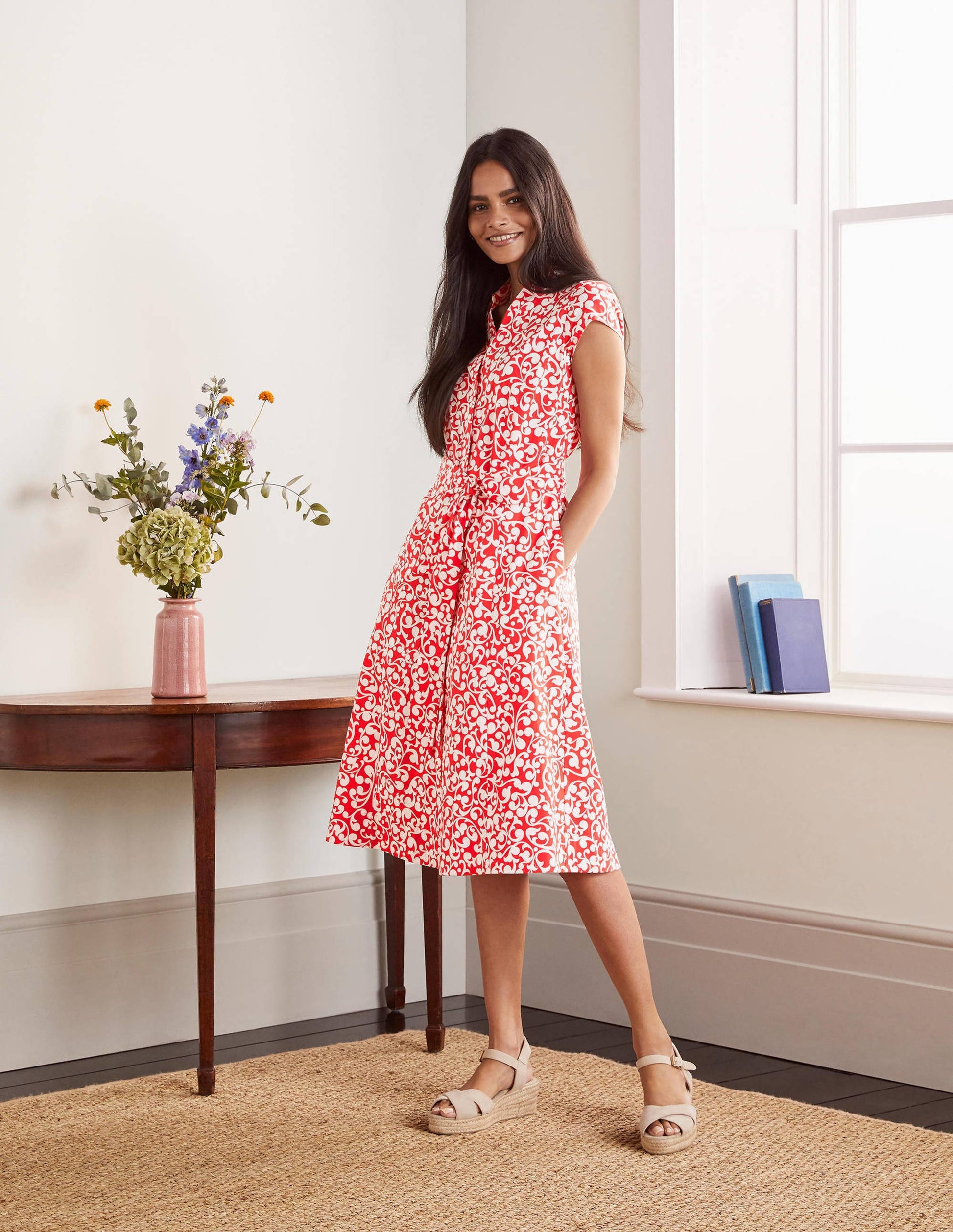 Short Sleeve Shirt Dress-Cherry red, Vine swirl-1