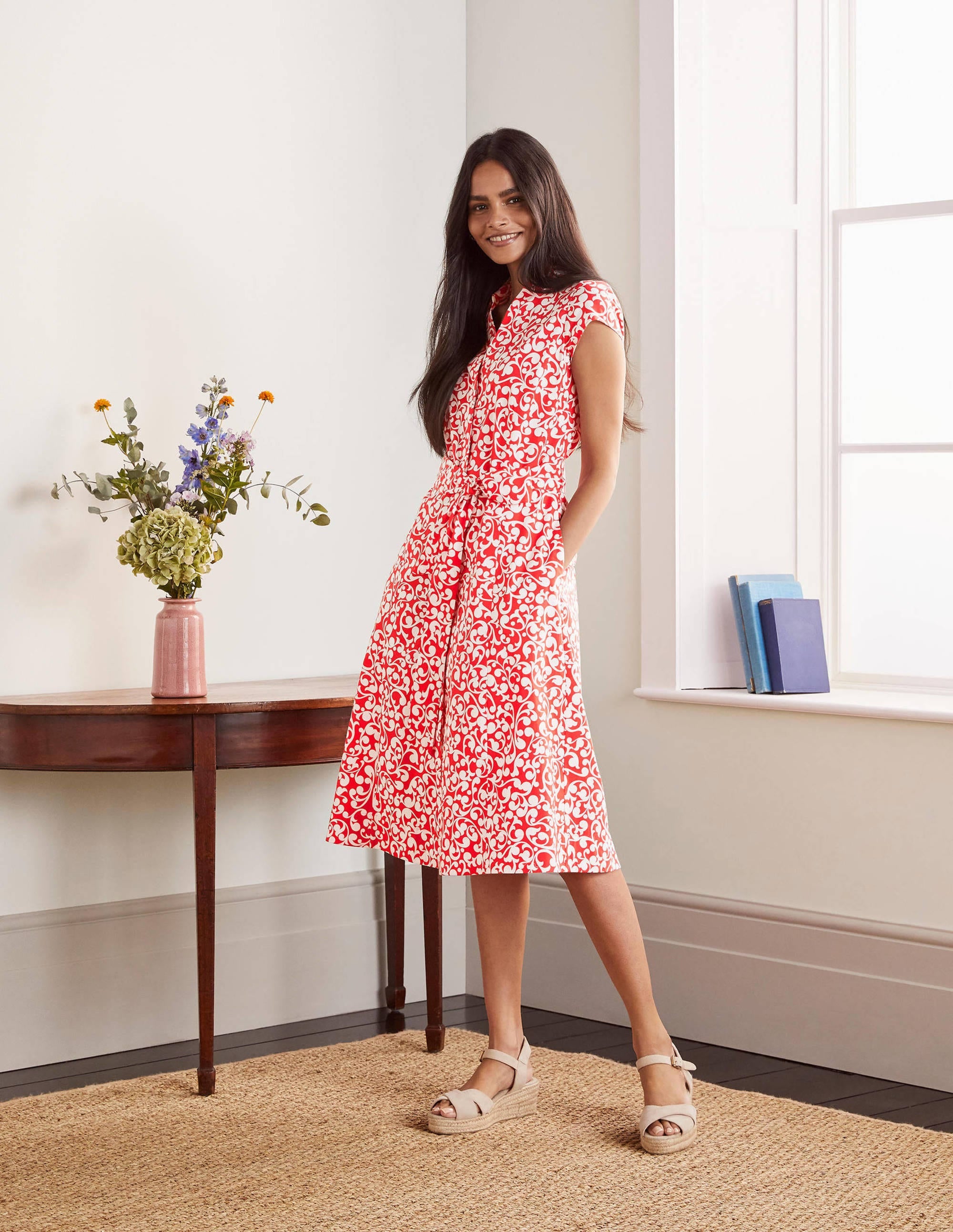 Short Sleeve Shirt Dress-Cherry red, Vine swirl - Image 1