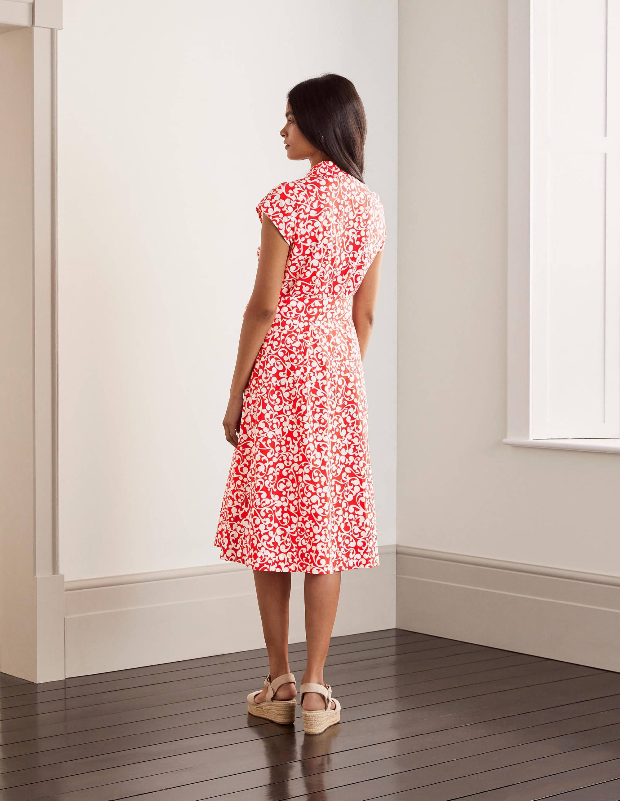 Short Sleeve Shirt Dress-Cherry red, Vine swirl - Image 2