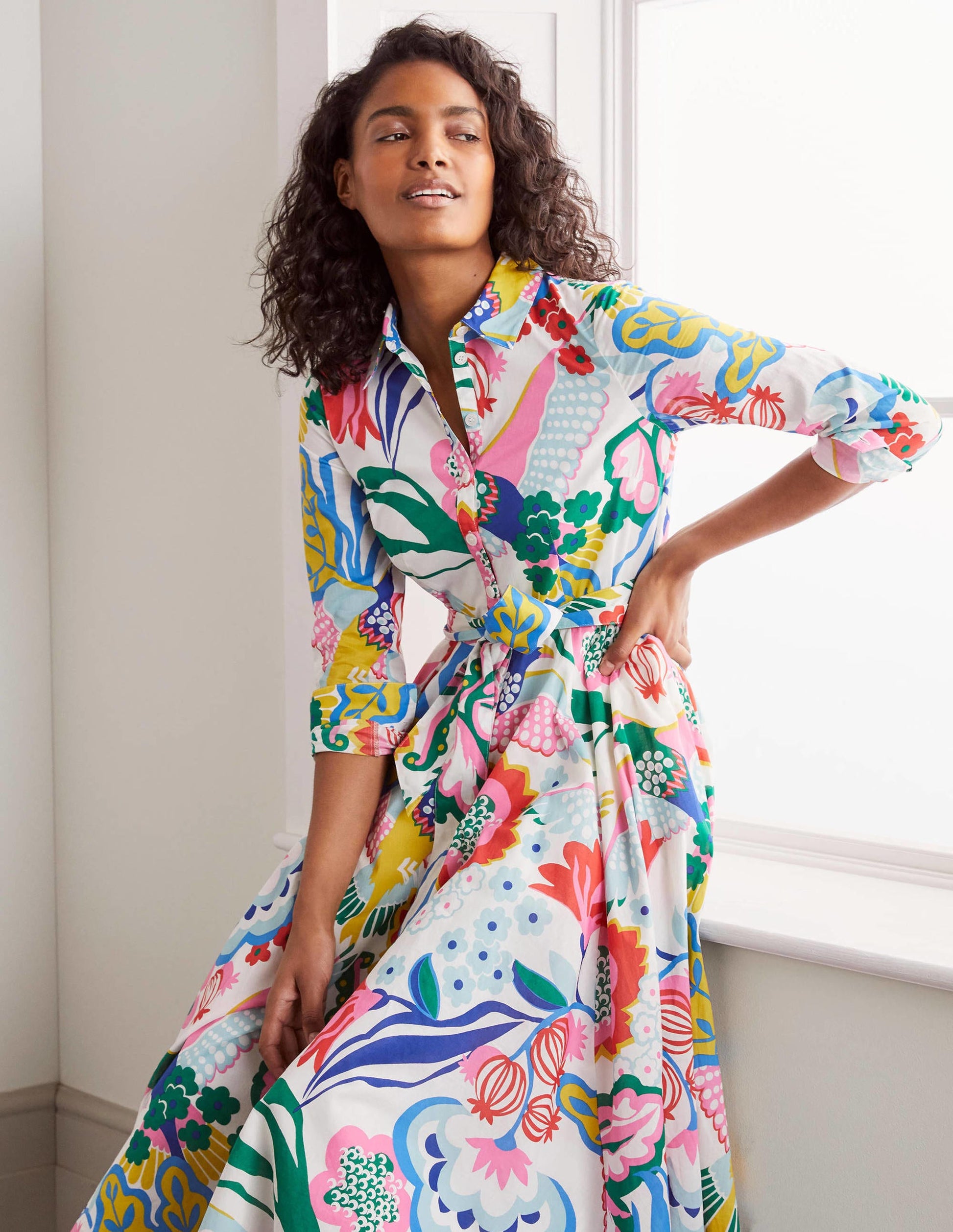 Robe-chemise midi Kitty-Ivoire, motif Exotic Escape-2