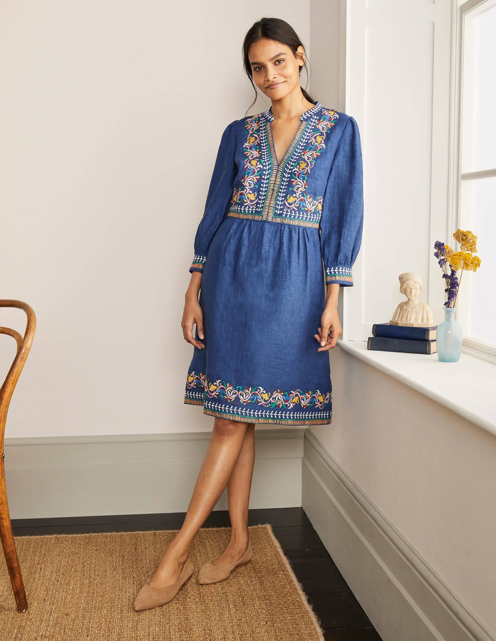Robe Dakota brodée en lin-Délavage bleu moyen - Image 5