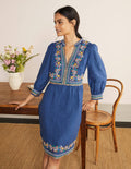 Robe Dakota brodée en lin-Délavage bleu moyen