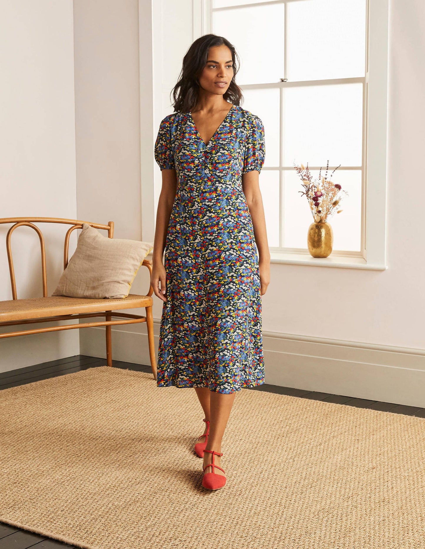 Tessa Midikleid-Französisches Navy/Ackerbohnengrün, Filigranes Muster