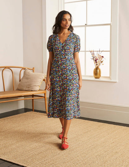 Tessa Midikleid-Französisches Navy/Ackerbohnengrün, Filigranes Muster-1