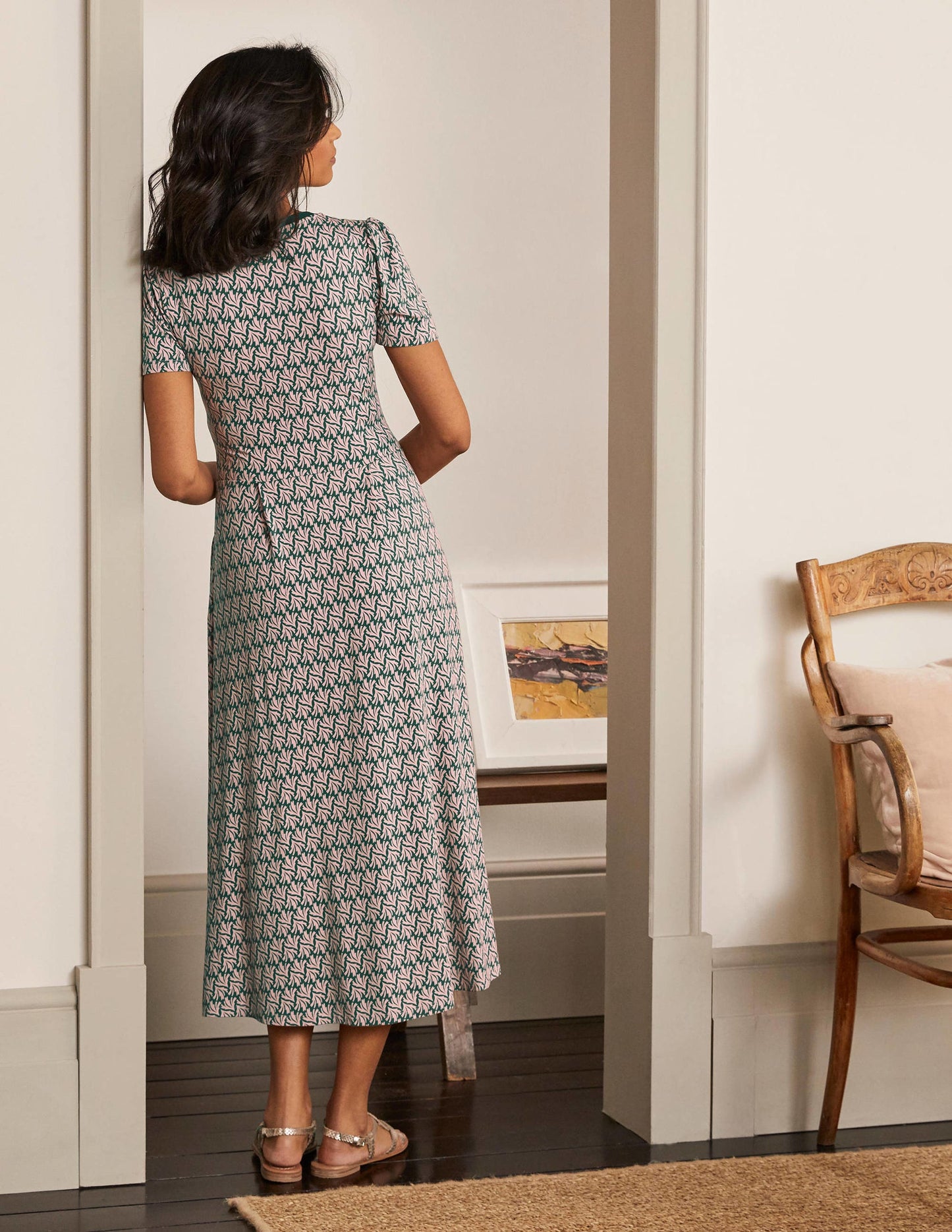 Lucinda Jersey Midi Dress-Palm Leaf, Swaying Coral