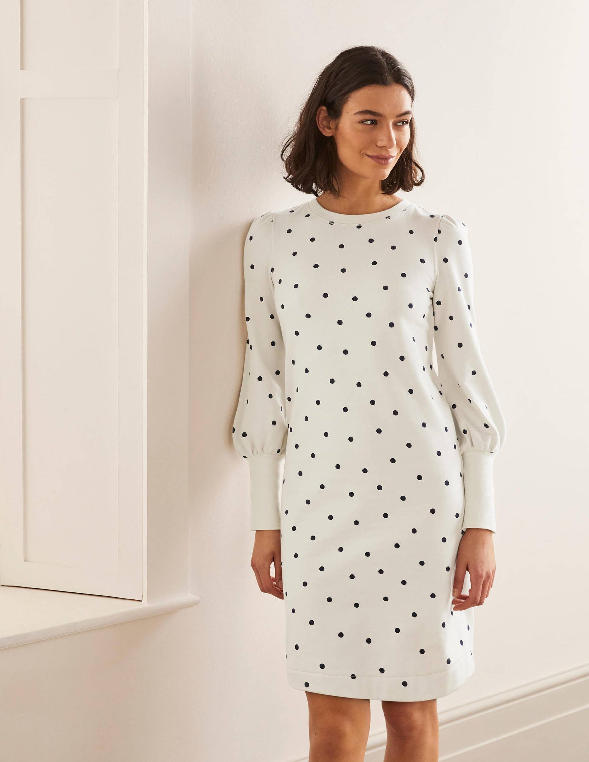 Romona Sweatshirt-Kleid-Naturweiß/Navy, Polka-Tupfen-1
