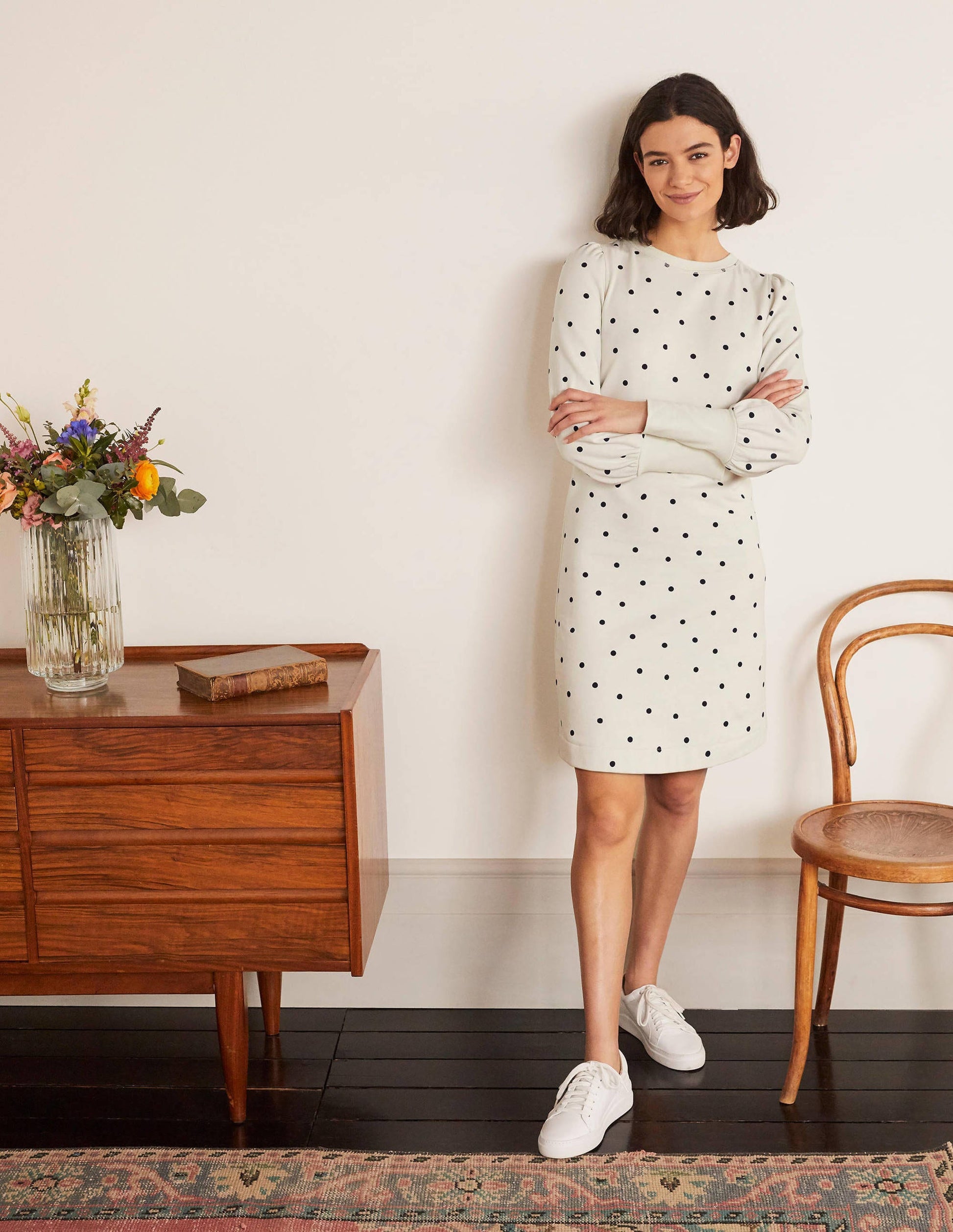Romona Sweatshirt-Kleid-Naturweiß/Navy, Polka-Tupfen-5