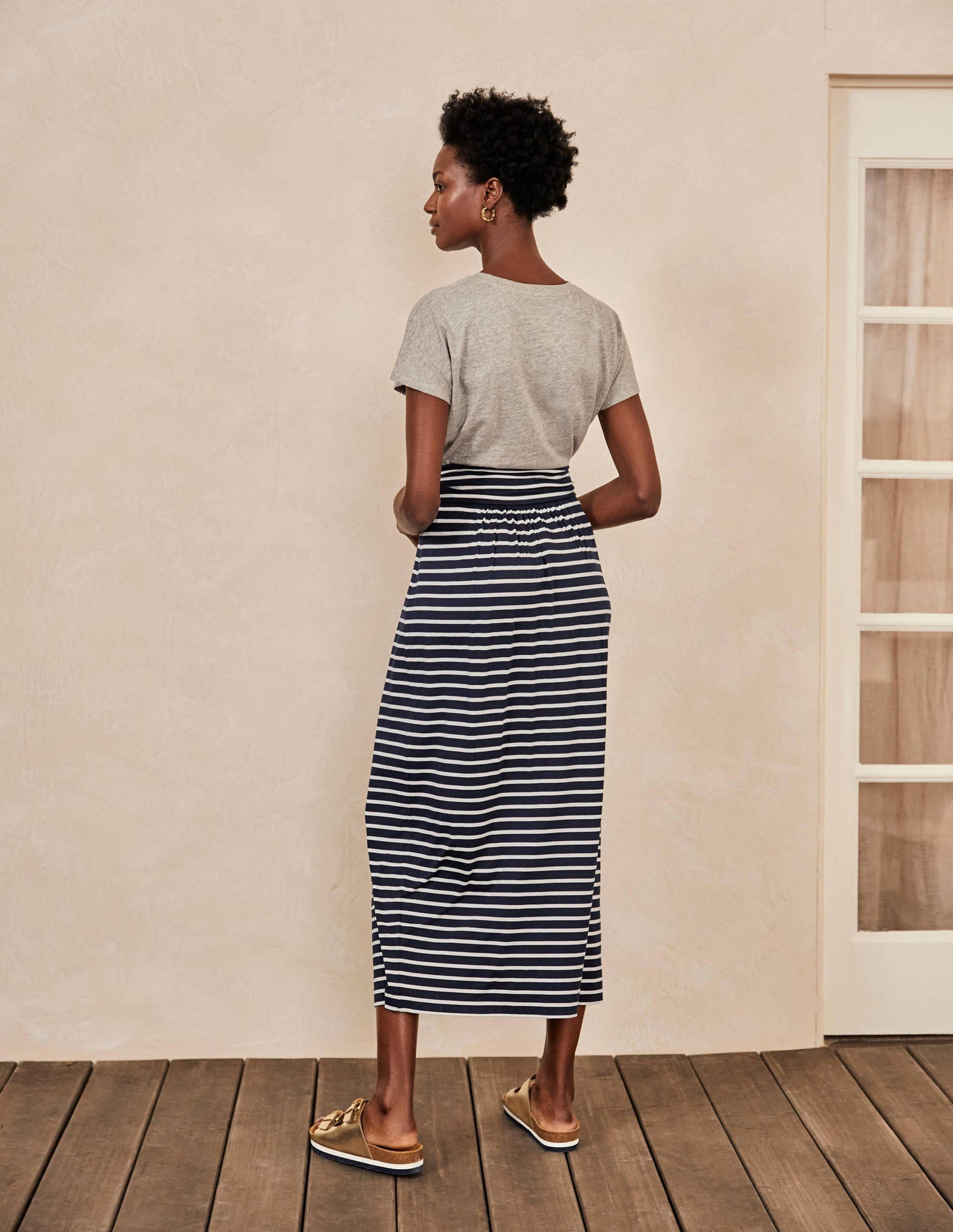 Rock mit gerafftem Bund-Naturweiß/Navy, Gestreift-3