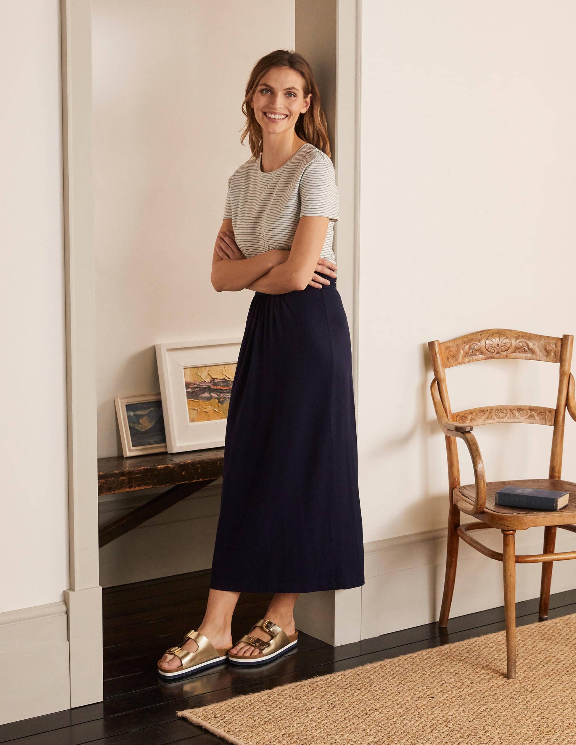 Ruched Waist Skirt-Navy-1