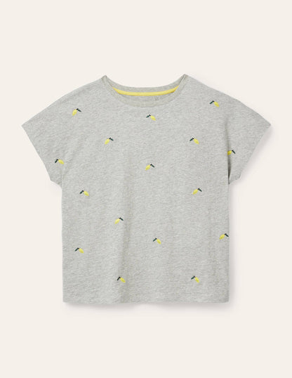 T-shirt Lena brodé en jersey-Gris chiné, citrons brodés