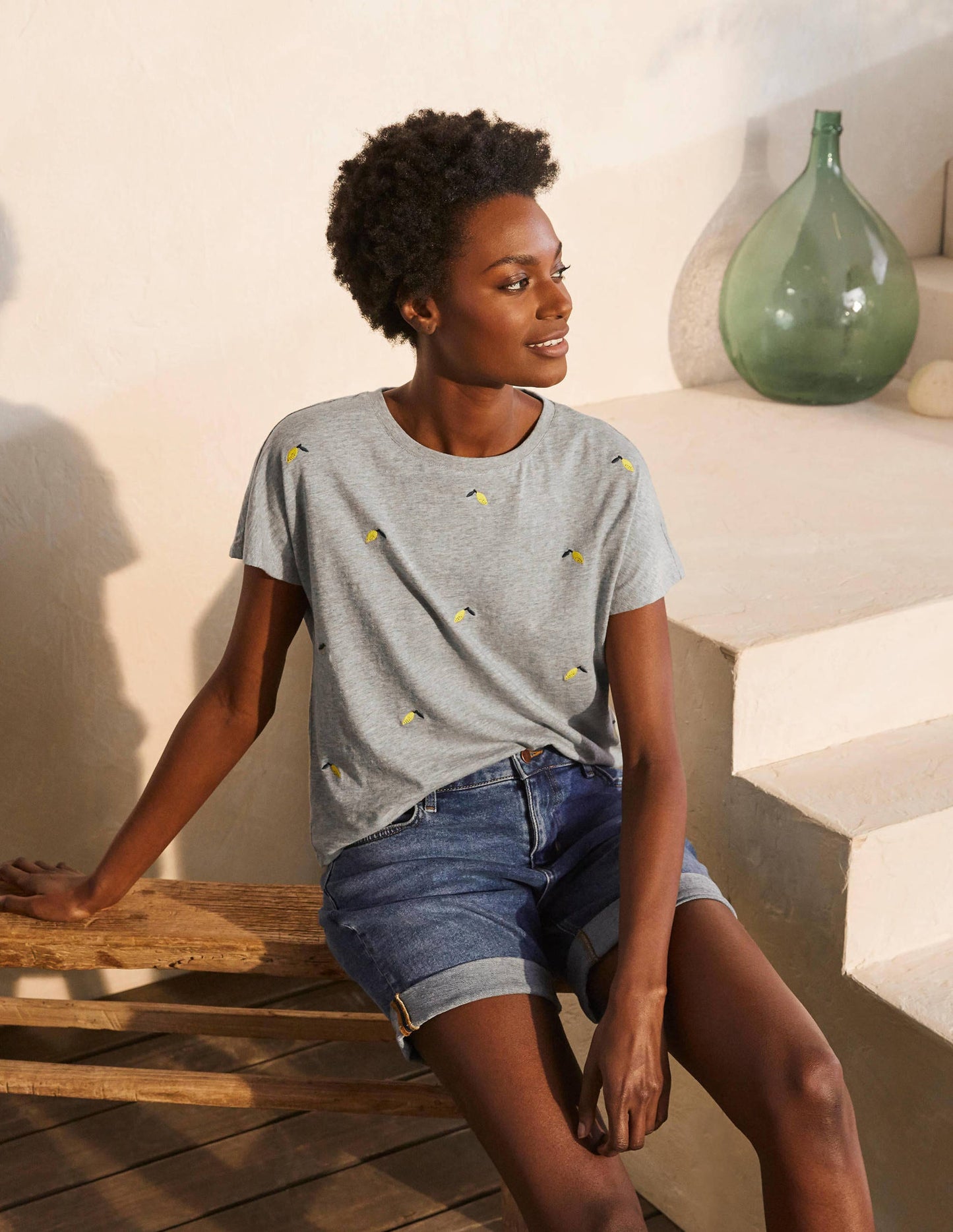 Lena Embroidered Jersey Tee-Grey Marl, Embroidered Lemons