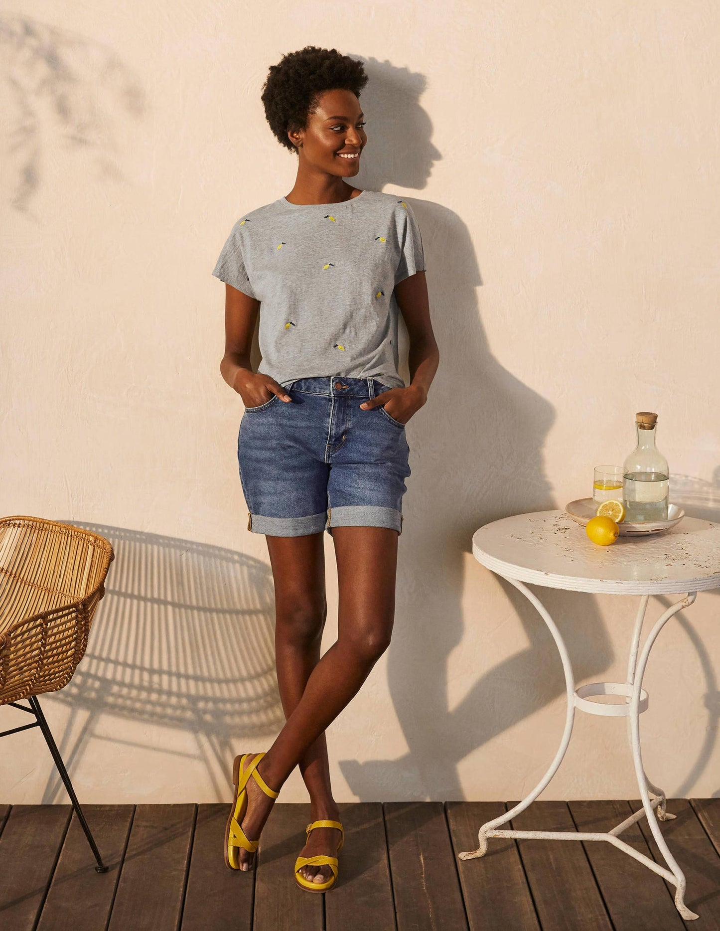 Lena Embroidered Jersey Tee-Grey Marl, Embroidered Lemons