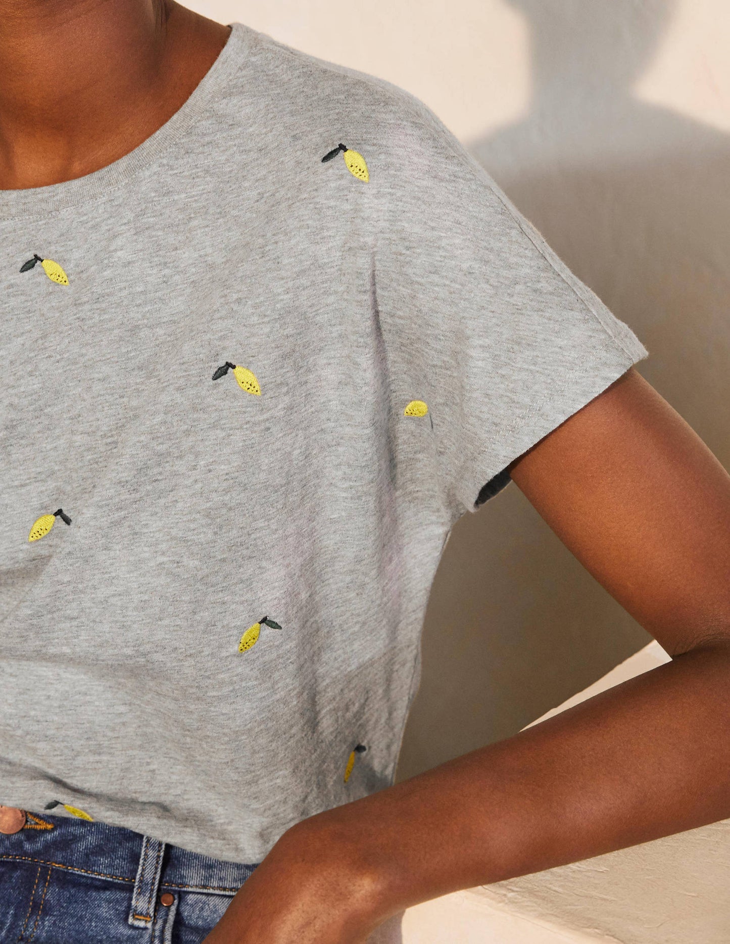 Lena Embroidered Jersey Tee-Grey Marl, Embroidered Lemons