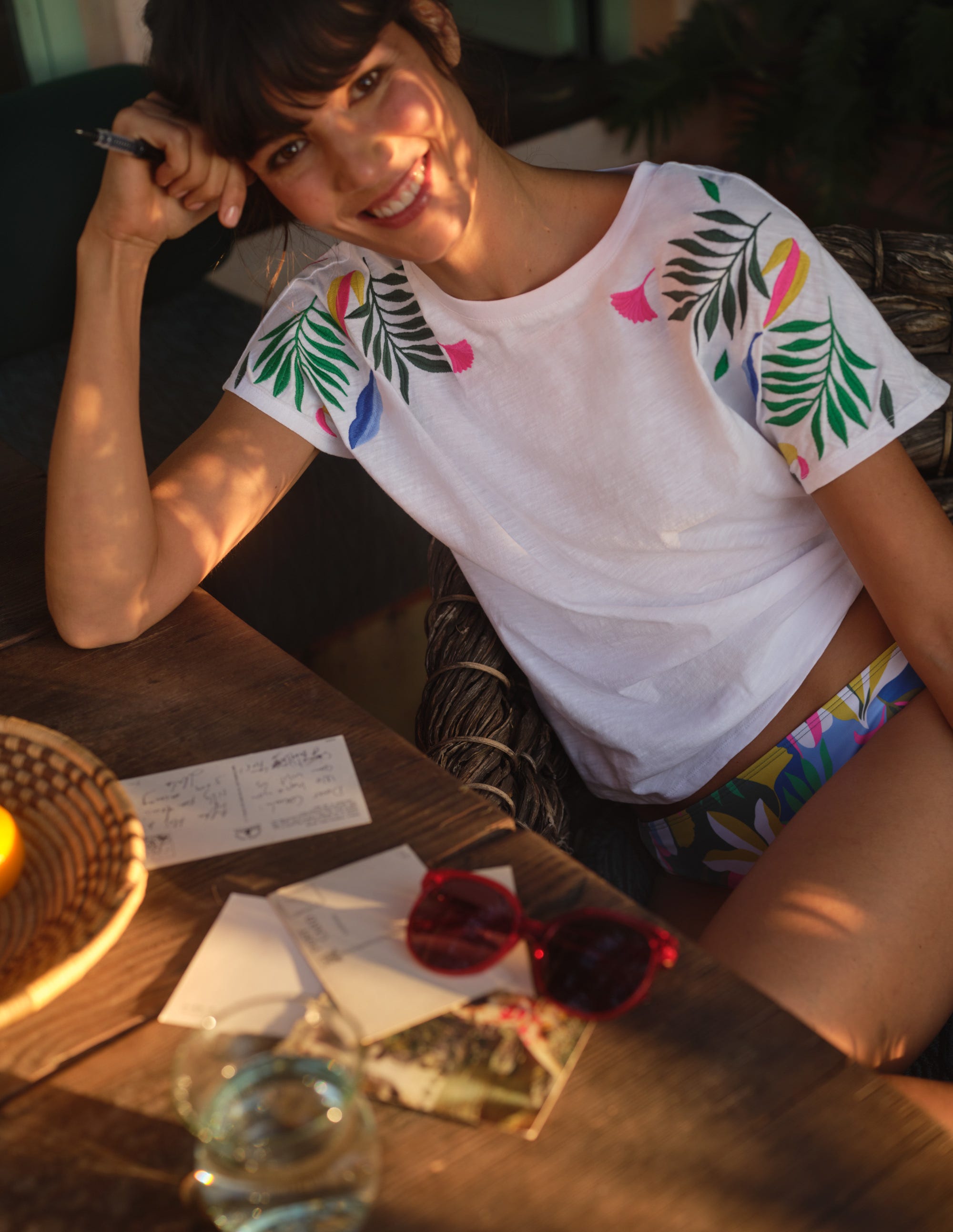 Lena Embroidered Jersey Tee-White, Multi Embroidery - Image 5