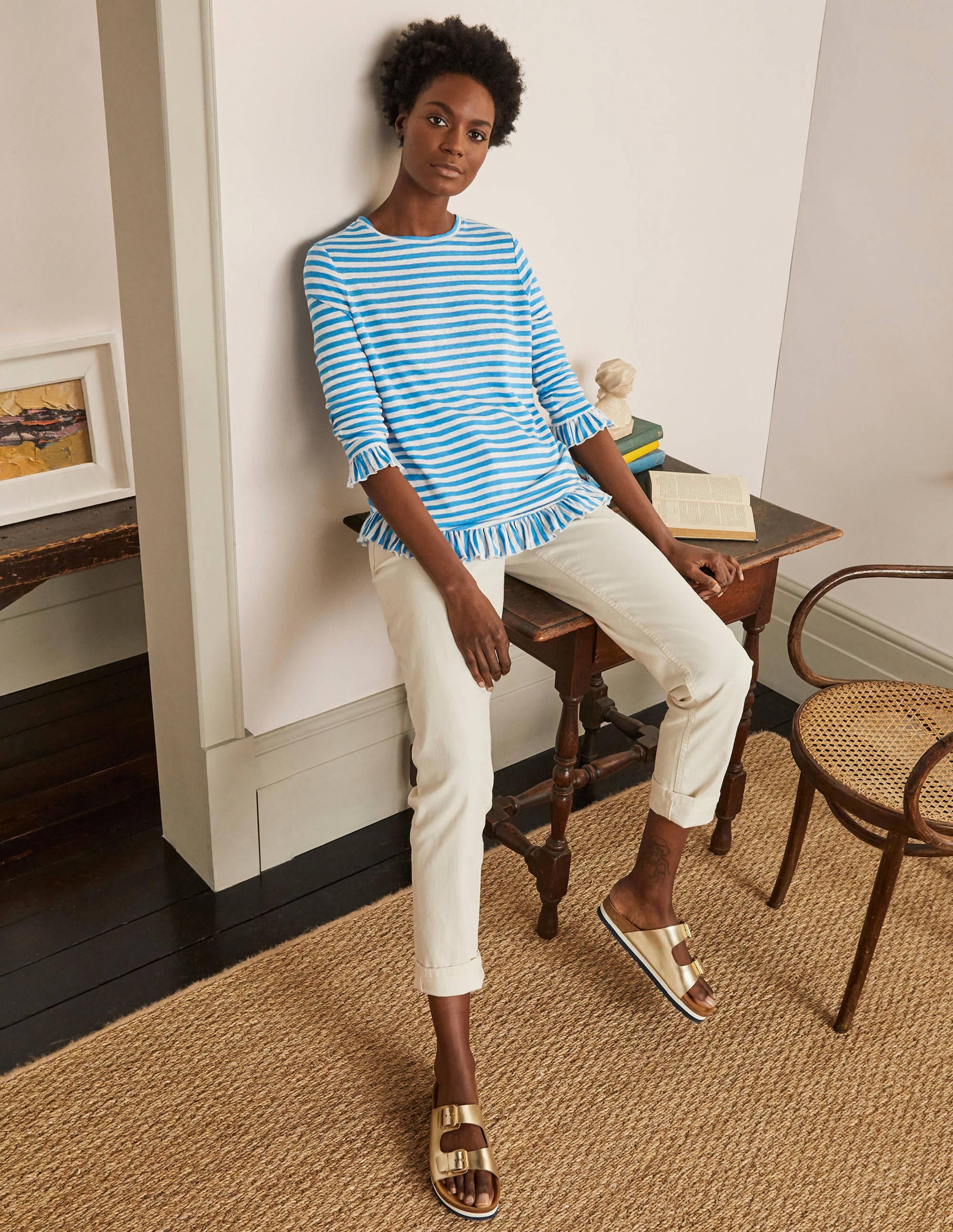 Dorothy Linen Jersey Top-Moroccan Blue/ Ivory - Image 2