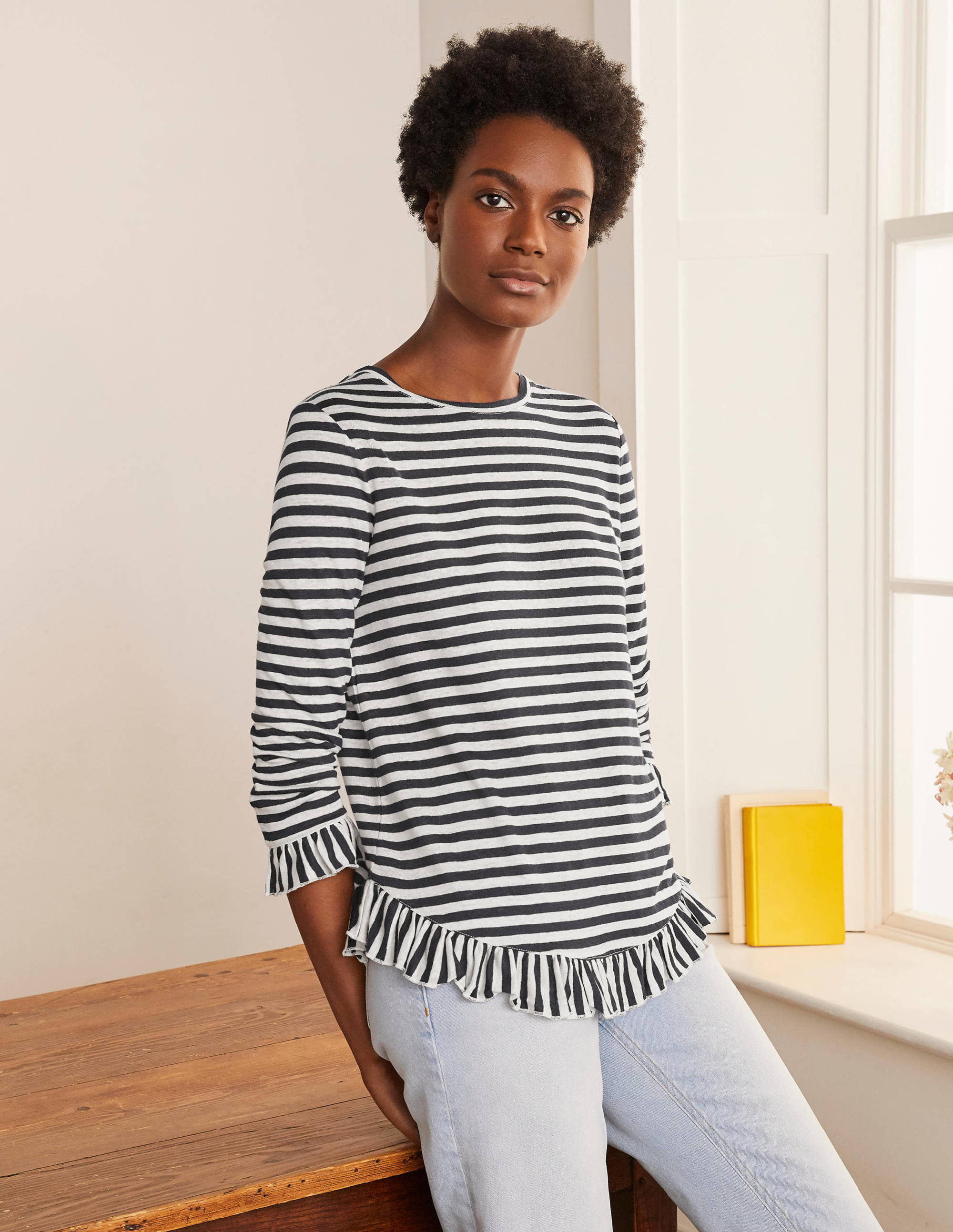 Top Dorothy en lin et jersey-Bleu marine/ivoire - Image 1