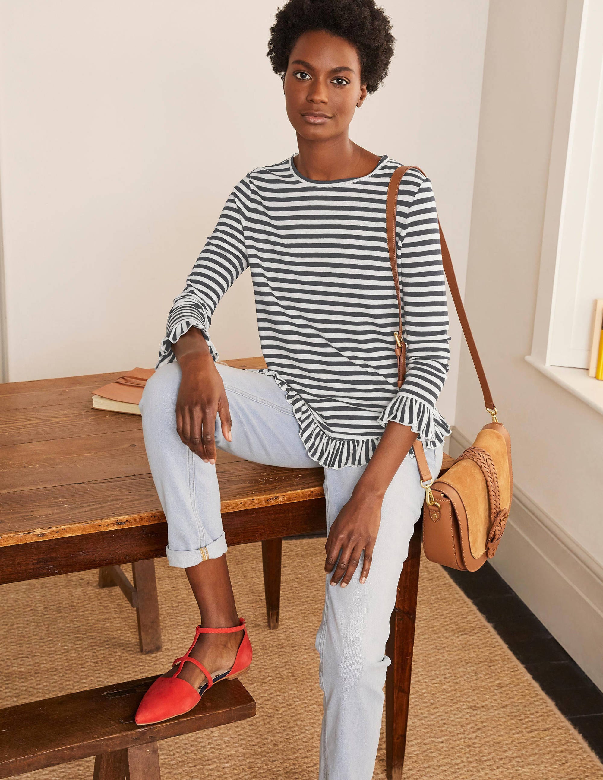 Top Dorothy en lin et jersey-Bleu marine/ivoire - Image 2