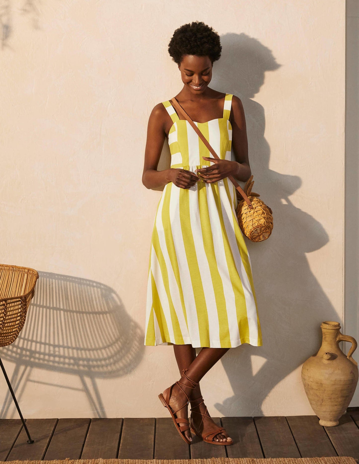 Lucy Gestreiftes Jerseykleid-Schwefelgelb/Naturweiß, Gestreift