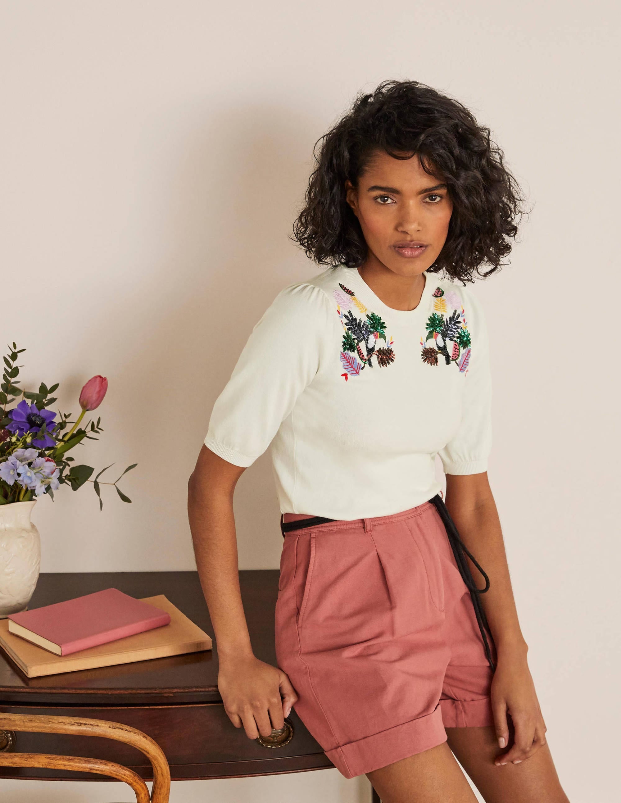Belsay Embroidered Knitted Tee-Ivory - Image 4