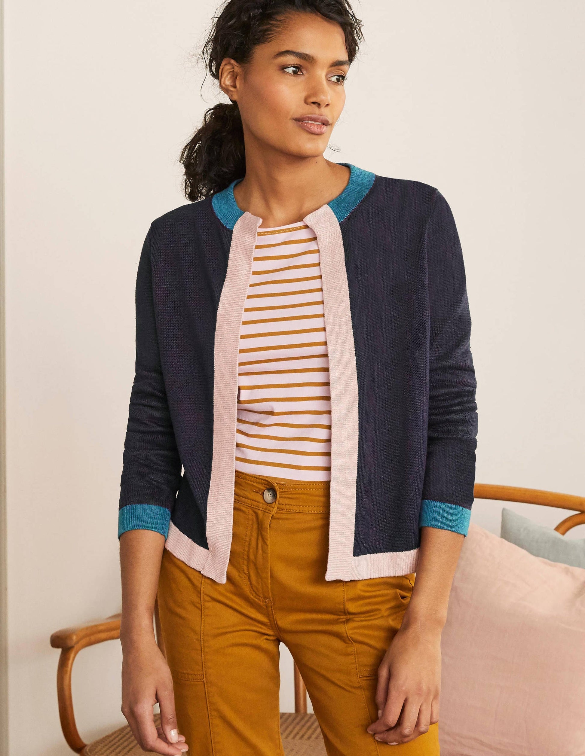 Gilet Dalton en lin-Colourblock bleu marine-2