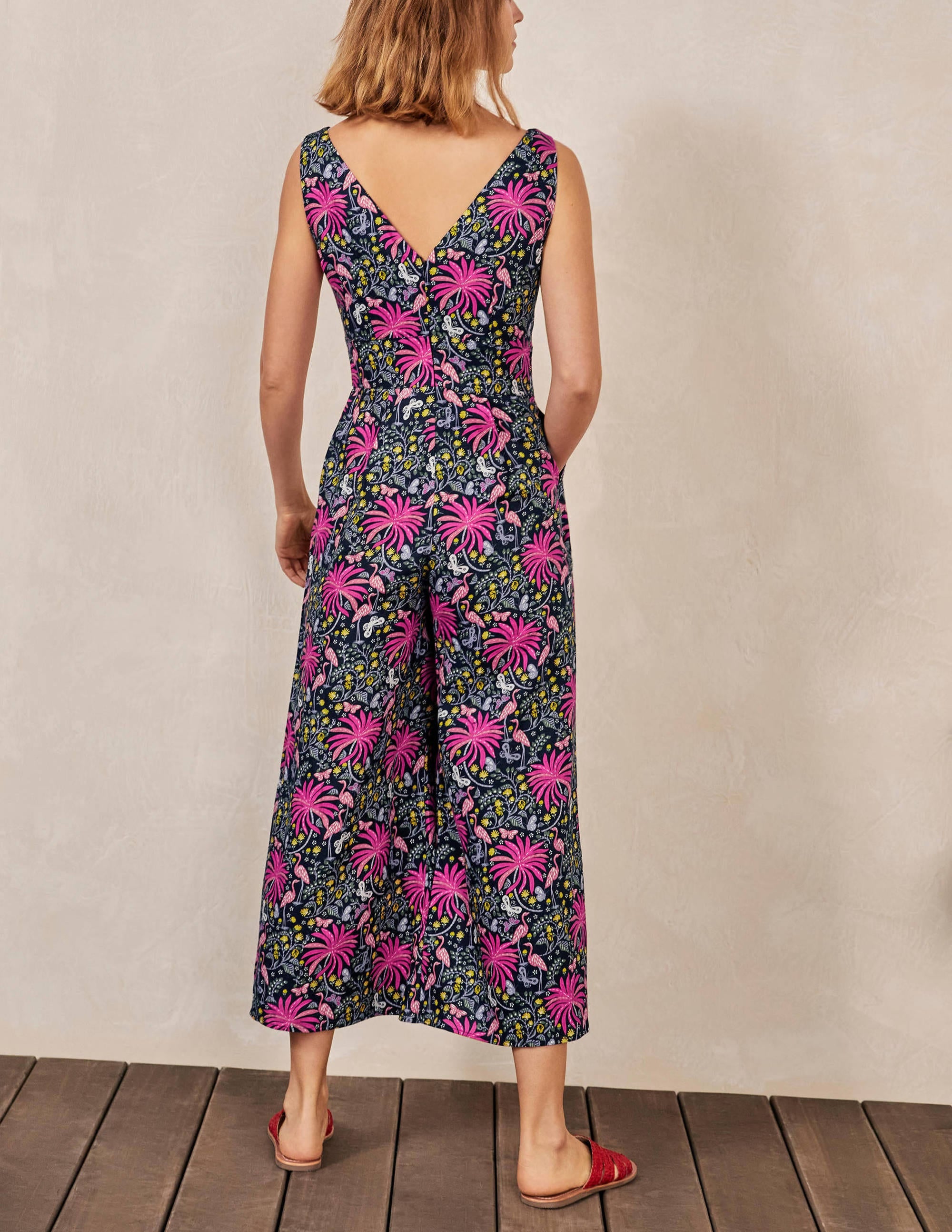 Jemima Linen Jumpsuit-French Navy, Tropical Charm - Image 2
