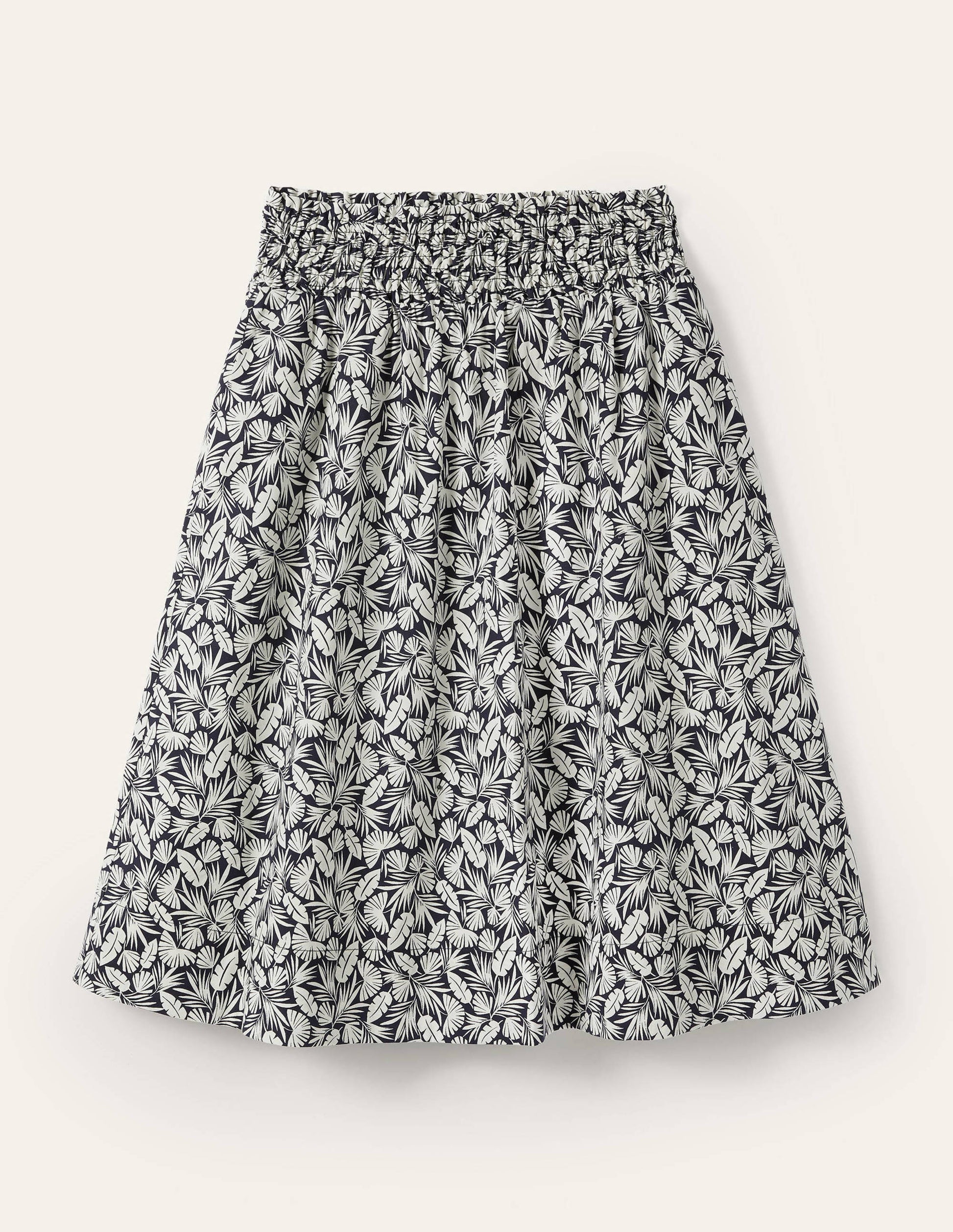 Shirred Waist Cotton Skirt-French Navy, Palm-5