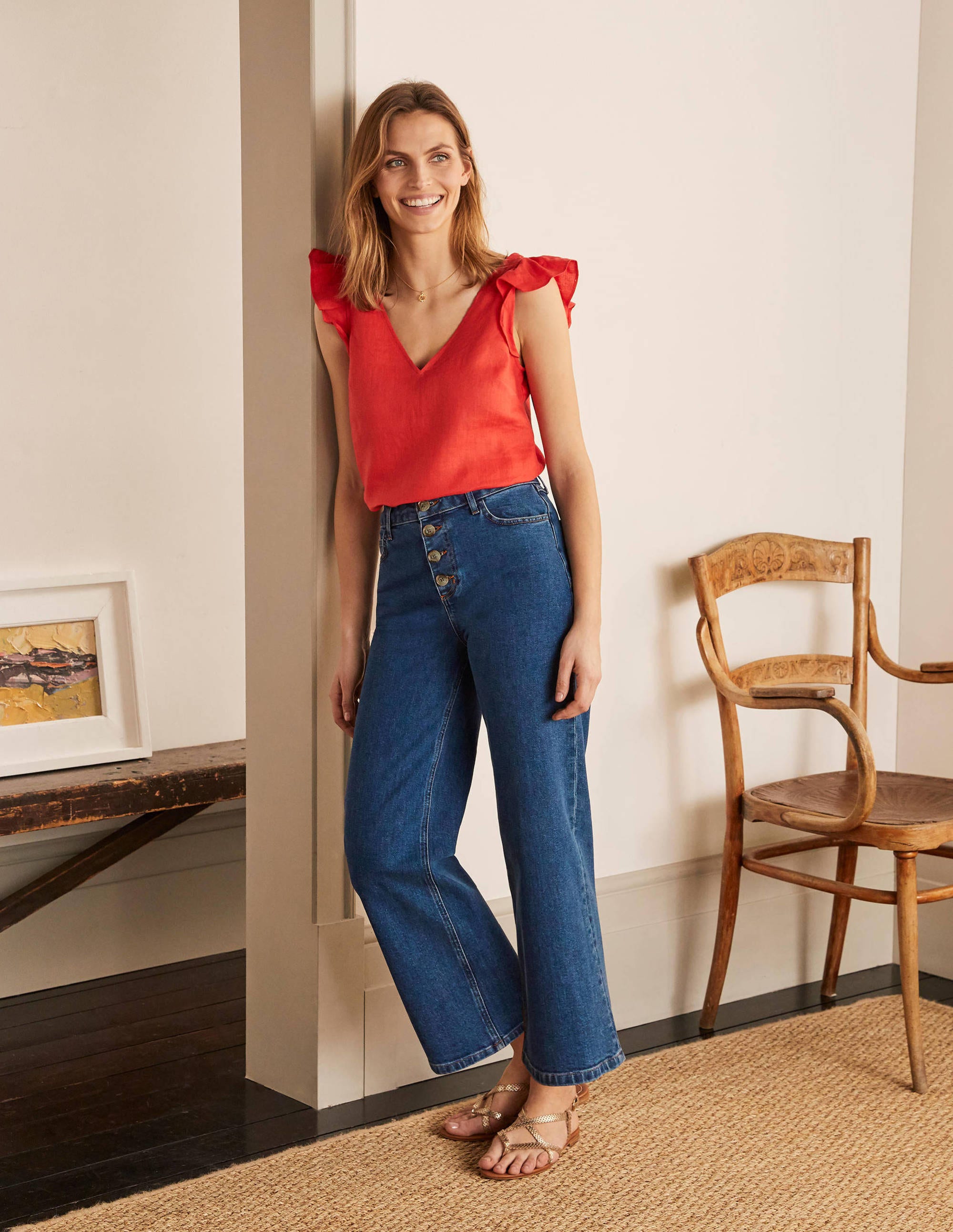 Jeans mit weitem Bein und Hornoptik-Knöpfen-Mittleres Vintageblau, Denim - Image 5