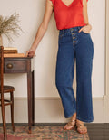 Jeans mit weitem Bein und Hornoptik-Knöpfen-Mittleres Vintageblau, Denim