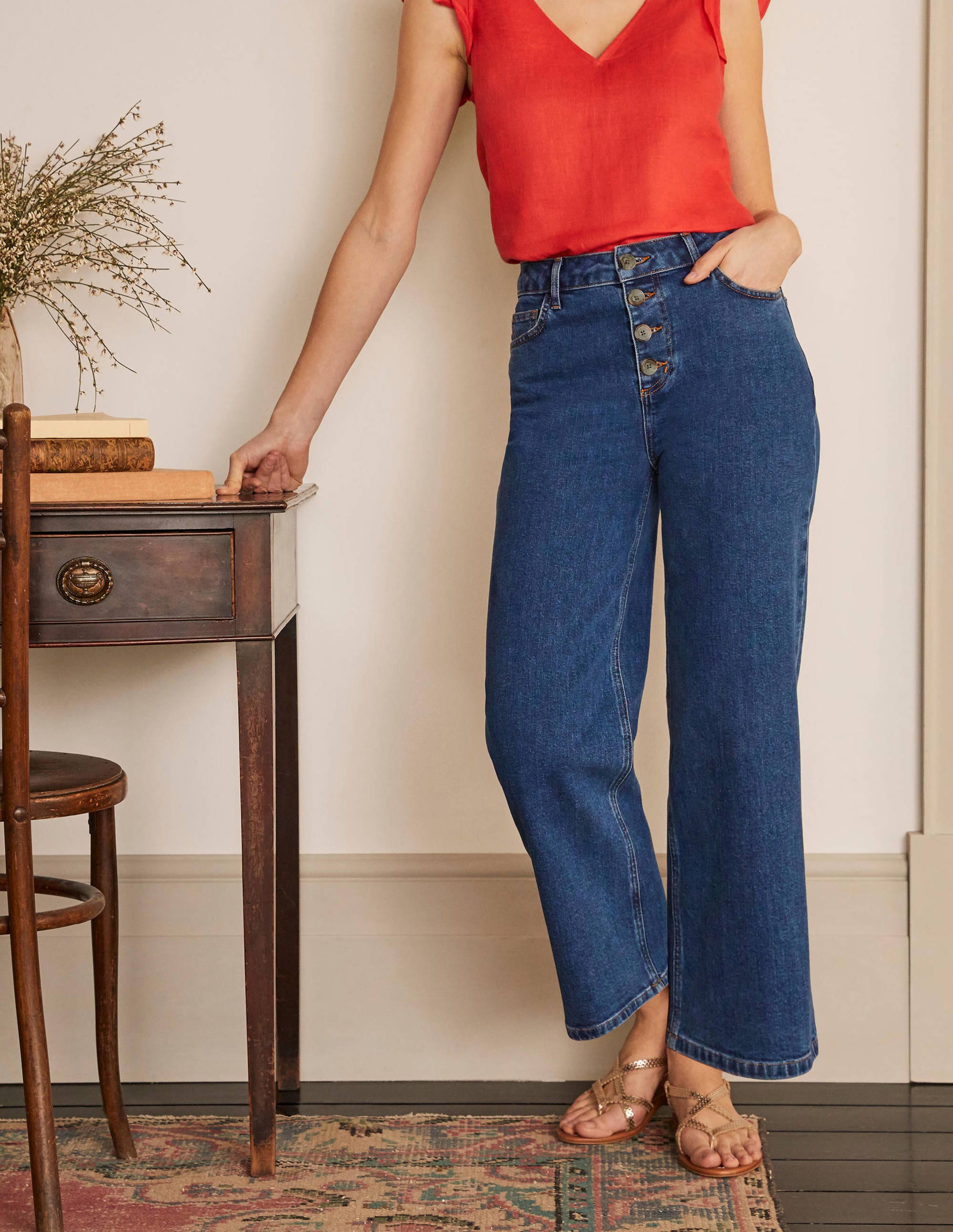Jeans mit weitem Bein und Hornoptik-Knöpfen-Mittleres Vintageblau, Denim - Image 1