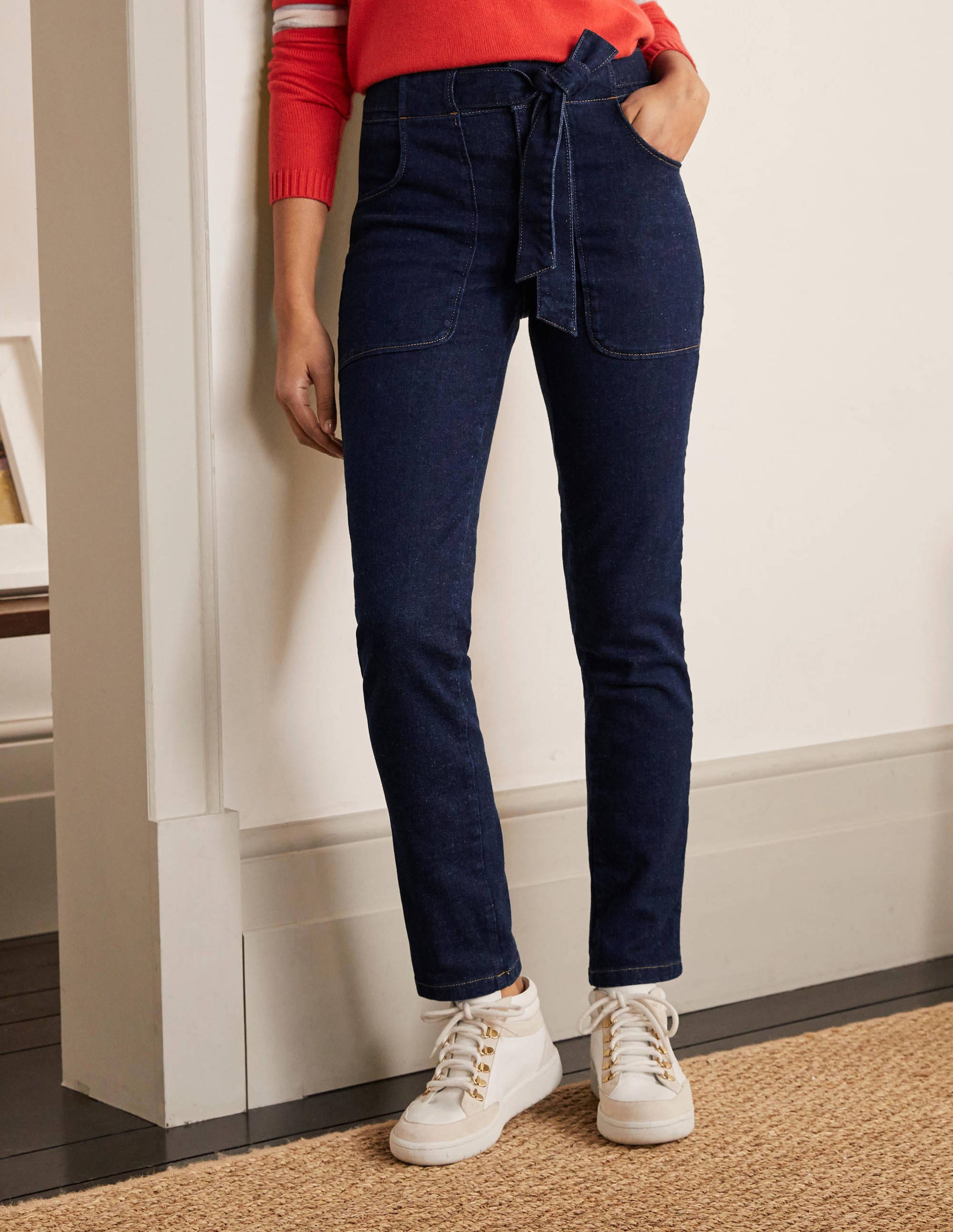 Jean avec poches plaquées et ceinture à nouer-Indigo - Image 1
