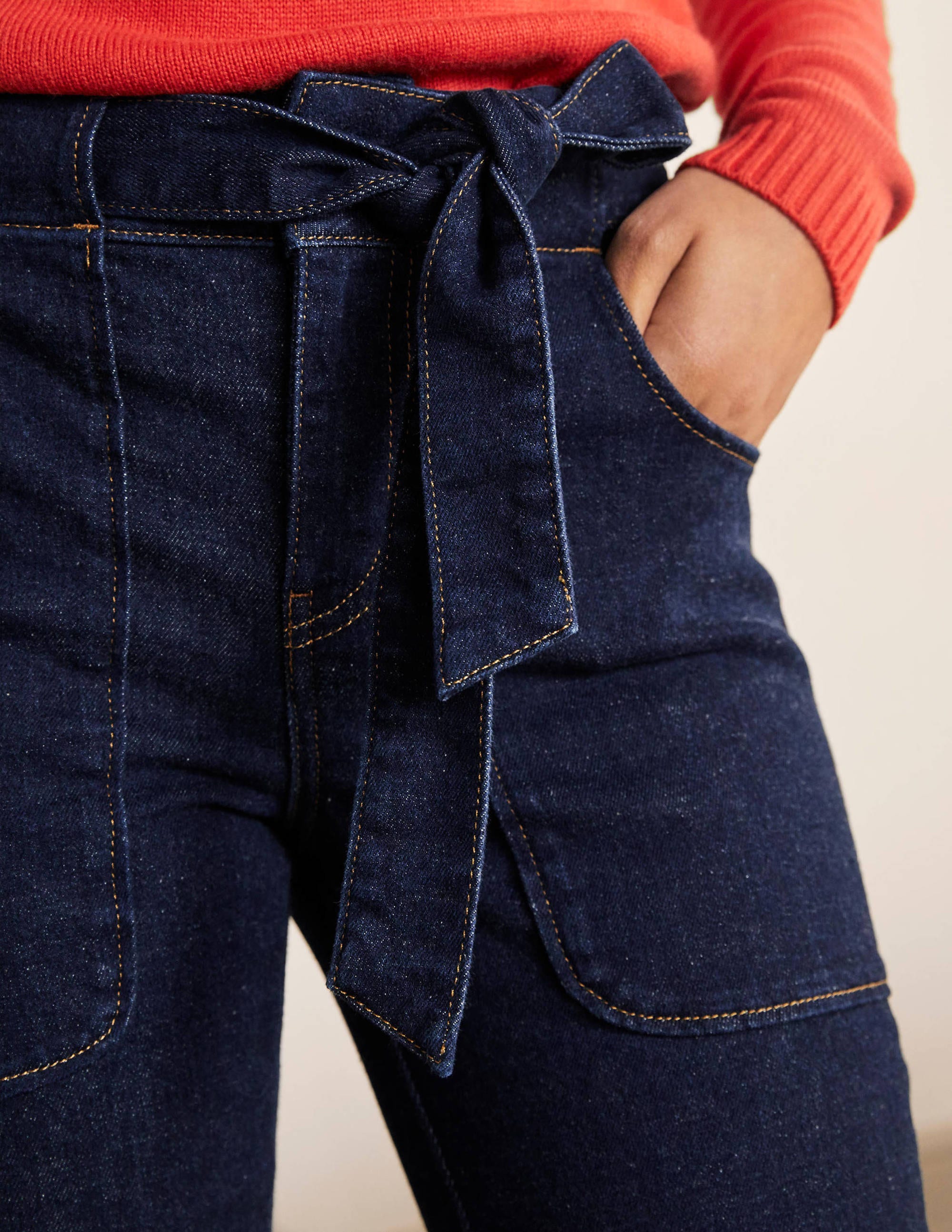 Jean avec poches plaquées et ceinture à nouer-Indigo - Image 3
