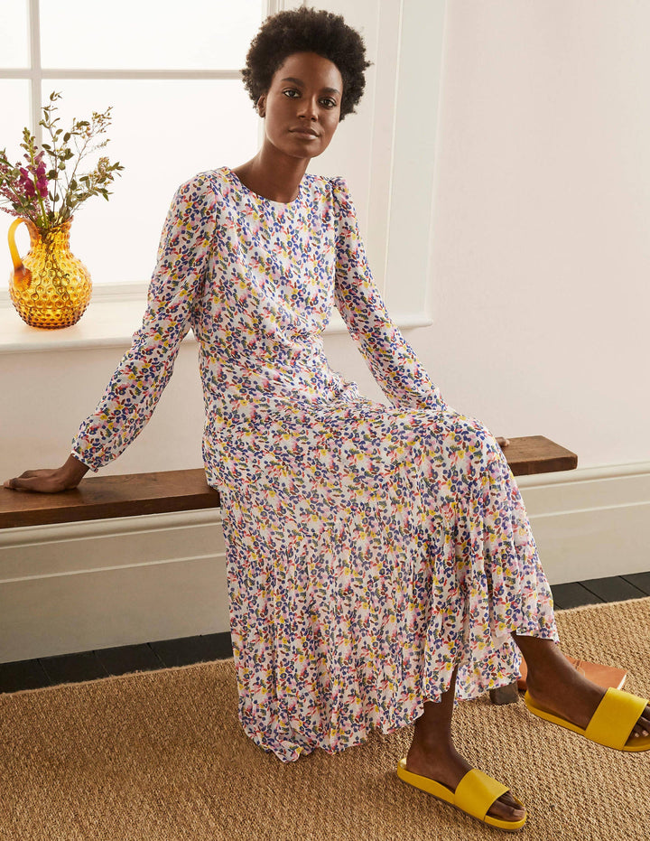 Annie Gestuftes Midikleid-Naturweiß, Kleine Pfingstrosen